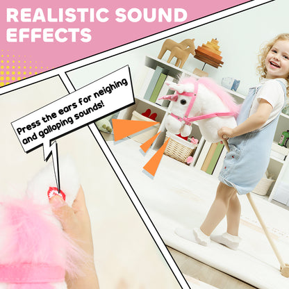 Qaba Unicorn Stick Horse, Plush Hobby Horse with Wood Wheels, Real Pony Neighing and Galloping Sounds, for Kids, White