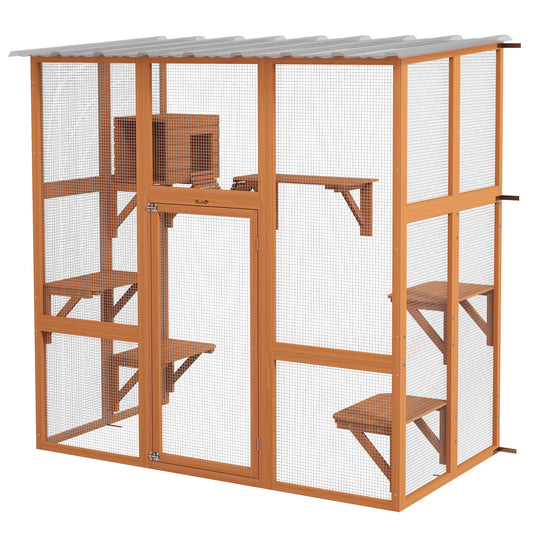 Large Outdoor Catio with Weatherproof Roof, Bridge, Resting Box, Platforms, Orange