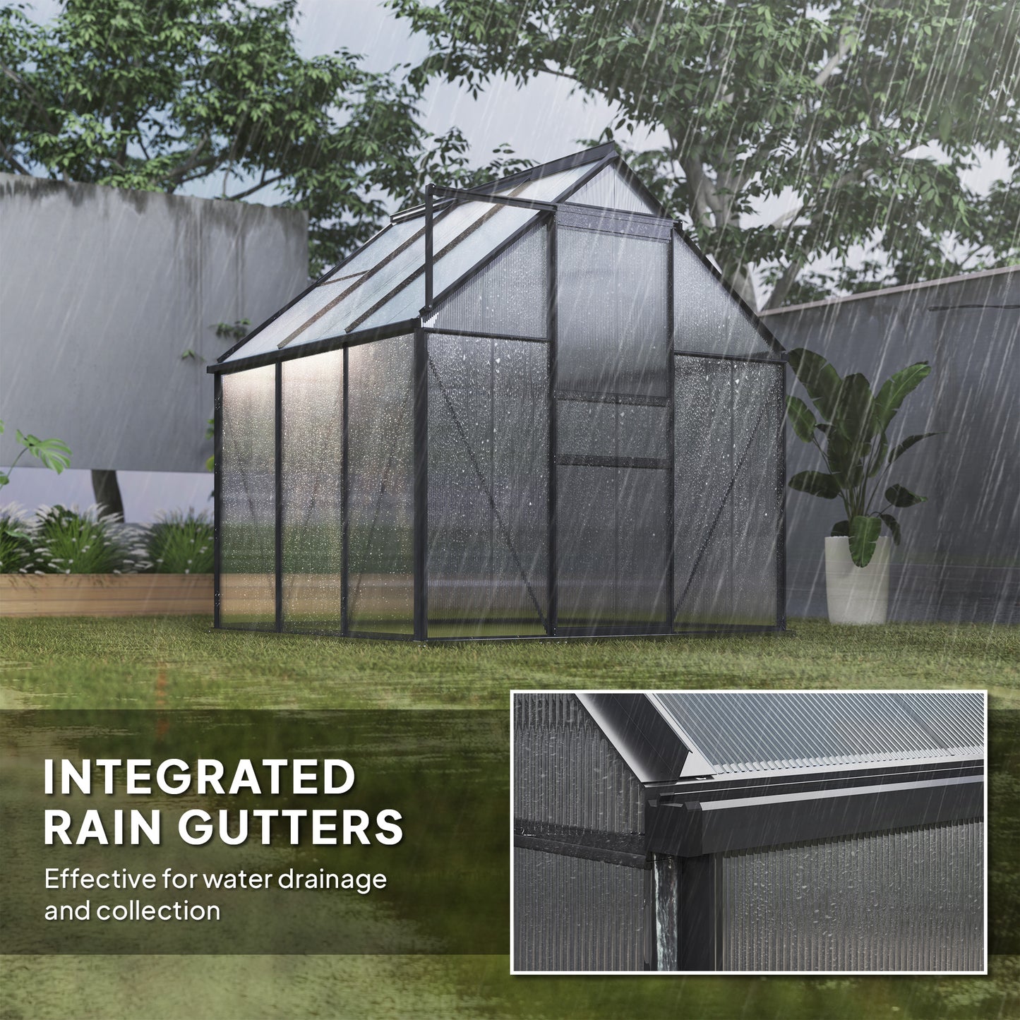6' x 6' x 6.5' Polycarbonate Greenhouse, Walk-in Green House with Adjustable Roof Vent Galvanized Base Sliding Door Rain