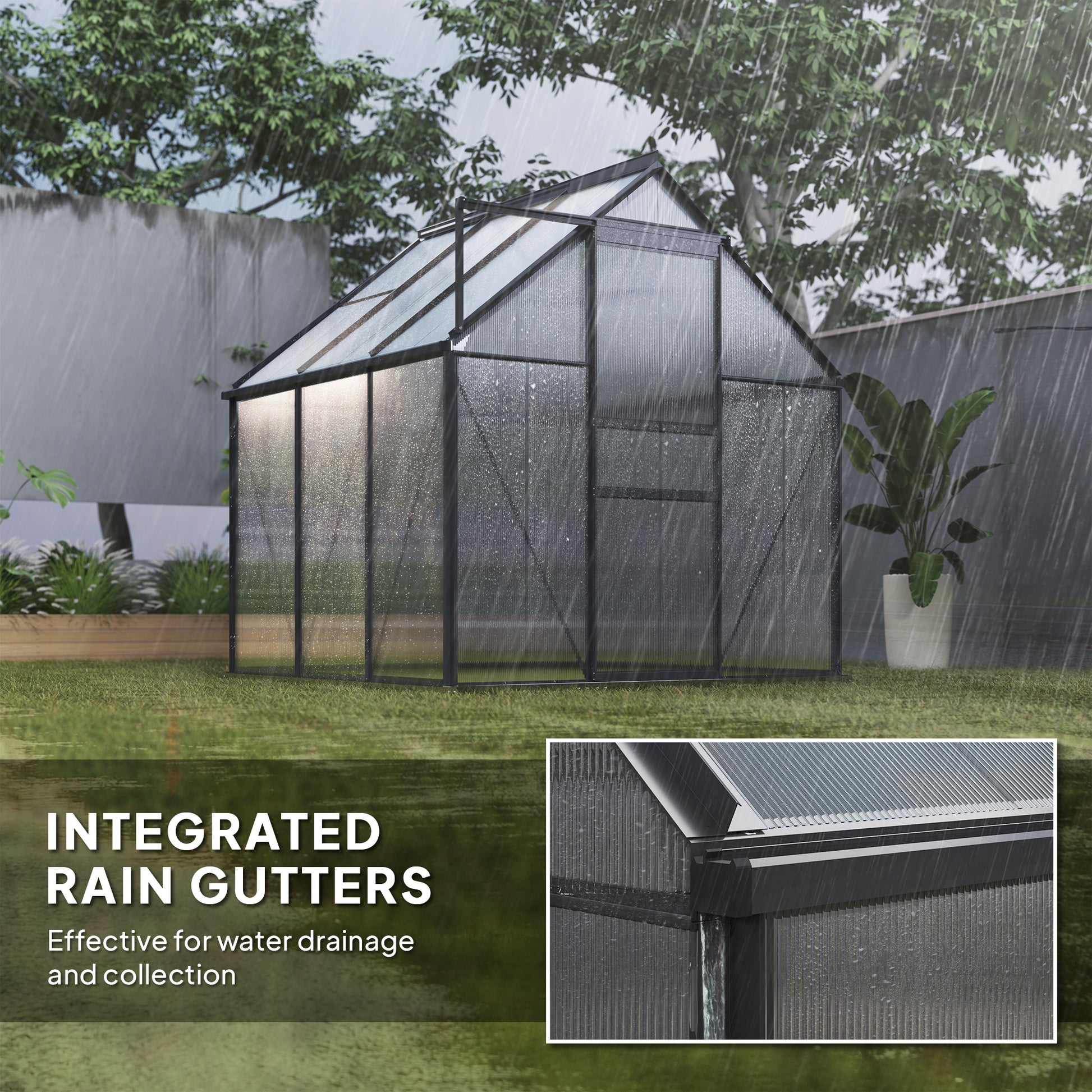 6' x 6' x 6.5' Polycarbonate Greenhouse, Walk-in Green House with Adjustable Roof Vent Galvanized Base Sliding Door Rain