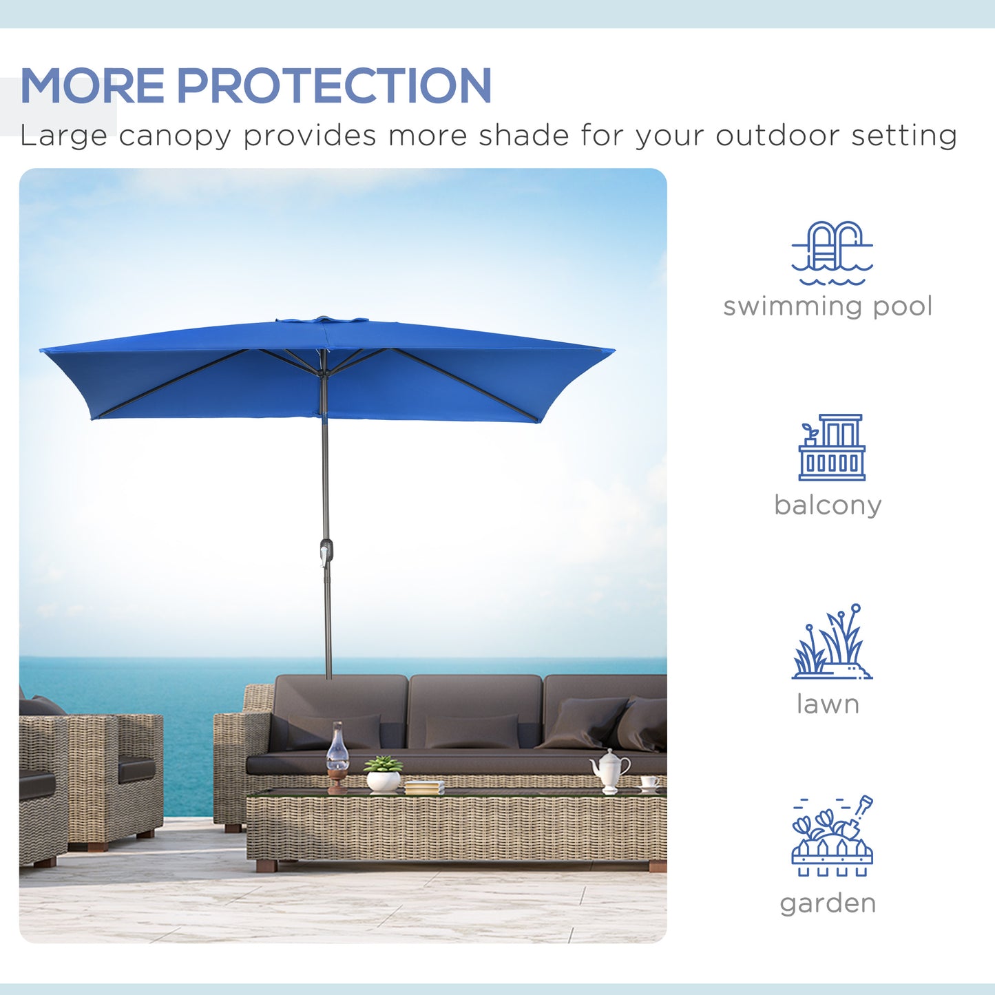 6.5x10ft Patio Umbrella, Rectangle Market Umbrella with Aluminum Frame and Crank Handle, Garden Parasol Outdoor Sunshade