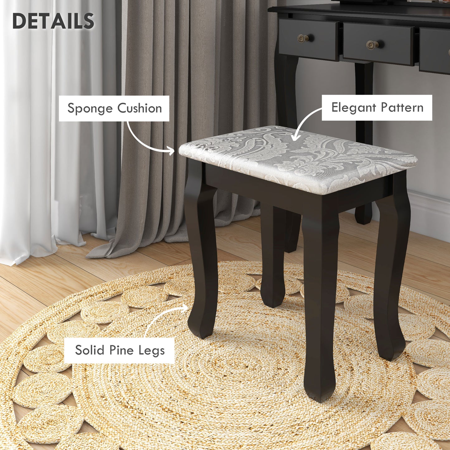 Vanity Desk with Stool, Makeup Vanity with 360° Rotating Oval Mirror, 5 Drawers and Padded Seat, Dressing Table for Bedr