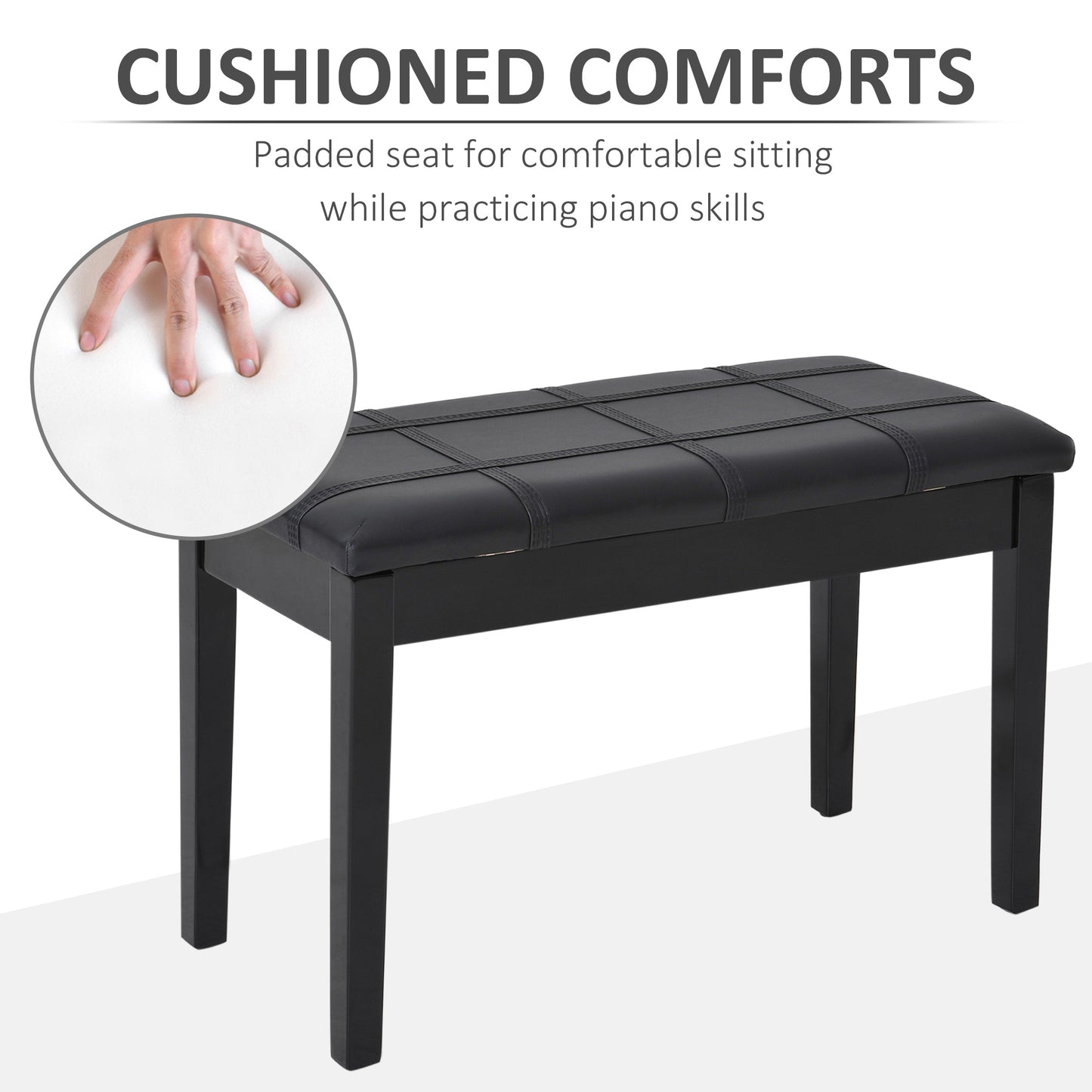 Classic Piano Bench Stool, PU Leather Padded Keyboard Seat with Rubber Wood Legs and Music Storage Compartment, Banded S