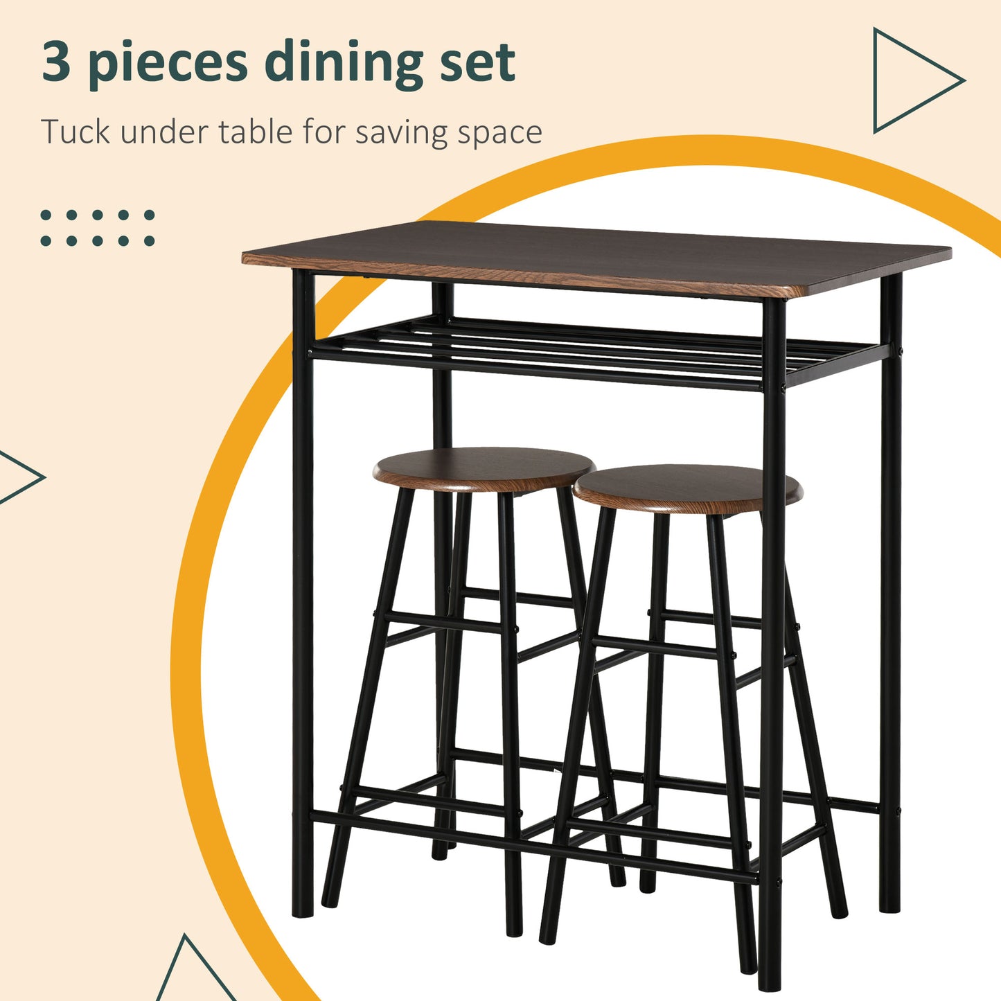 3 Piece Counter Height Bar Table Set with 1 Table, 2 Matching Stools, Dining Table Set with Storage Shelf and Metal Fram