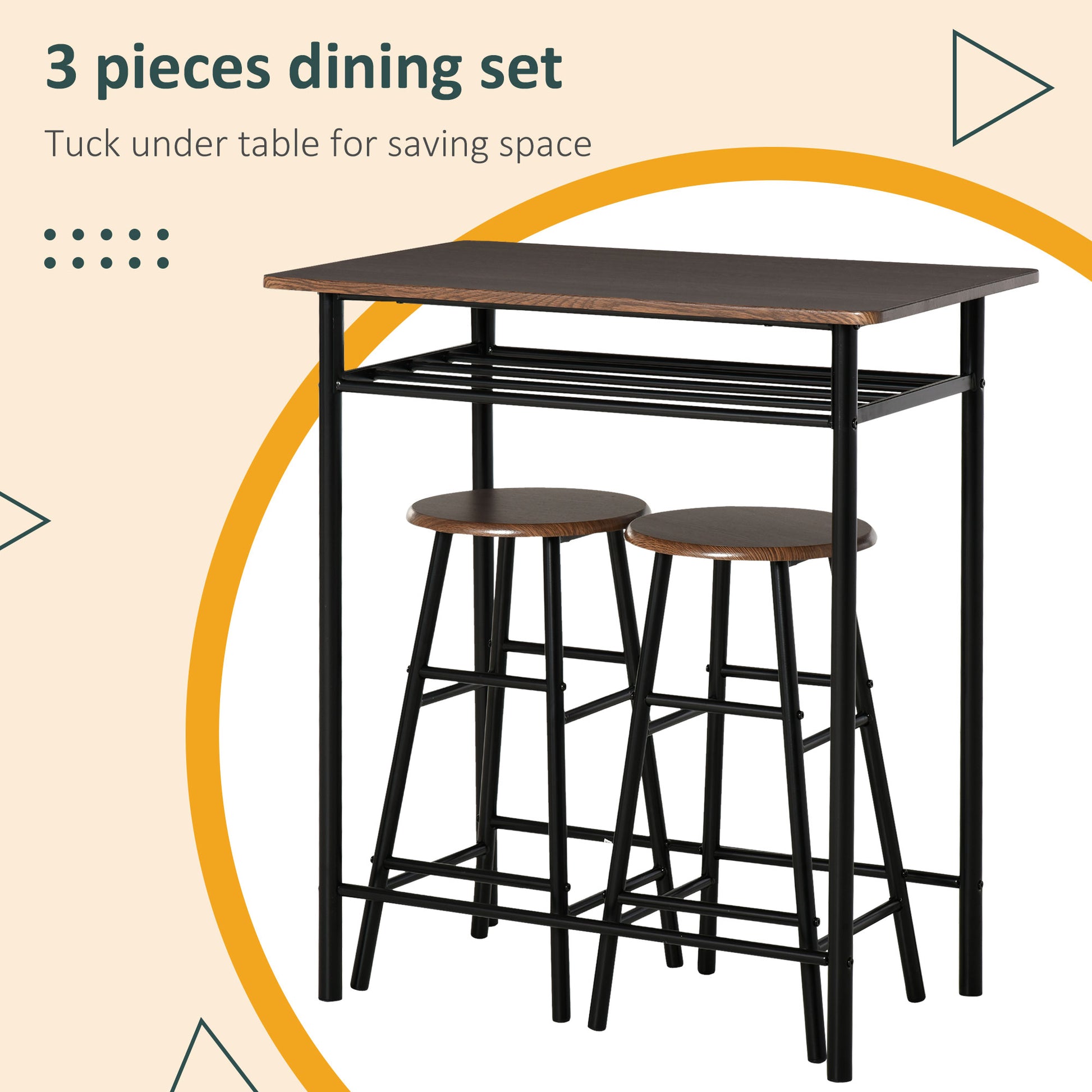3 Piece Counter Height Bar Table Set with 1 Table, 2 Matching Stools, Dining Table Set with Storage Shelf and Metal Fram