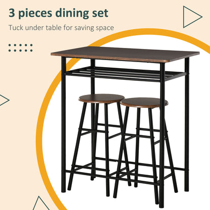 3 Piece Counter Height Bar Table Set with 1 Table, 2 Matching Stools, Dining Table Set with Storage Shelf and Metal Fram