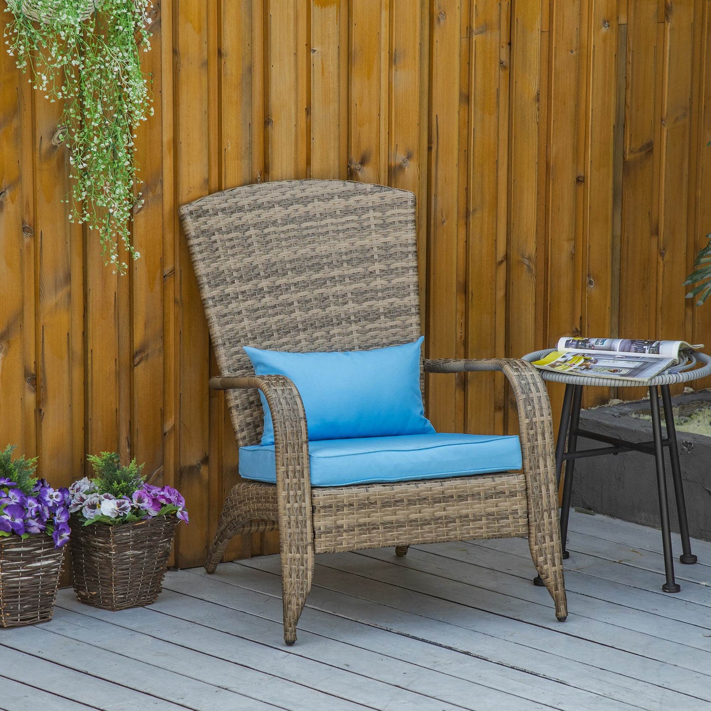 Patio Wicker Adirondack Chair, Outdoor PE Rattan Fire Pit Chair, Muskoka Chair w/ Soft Cushions, Tall Curved Backrest an