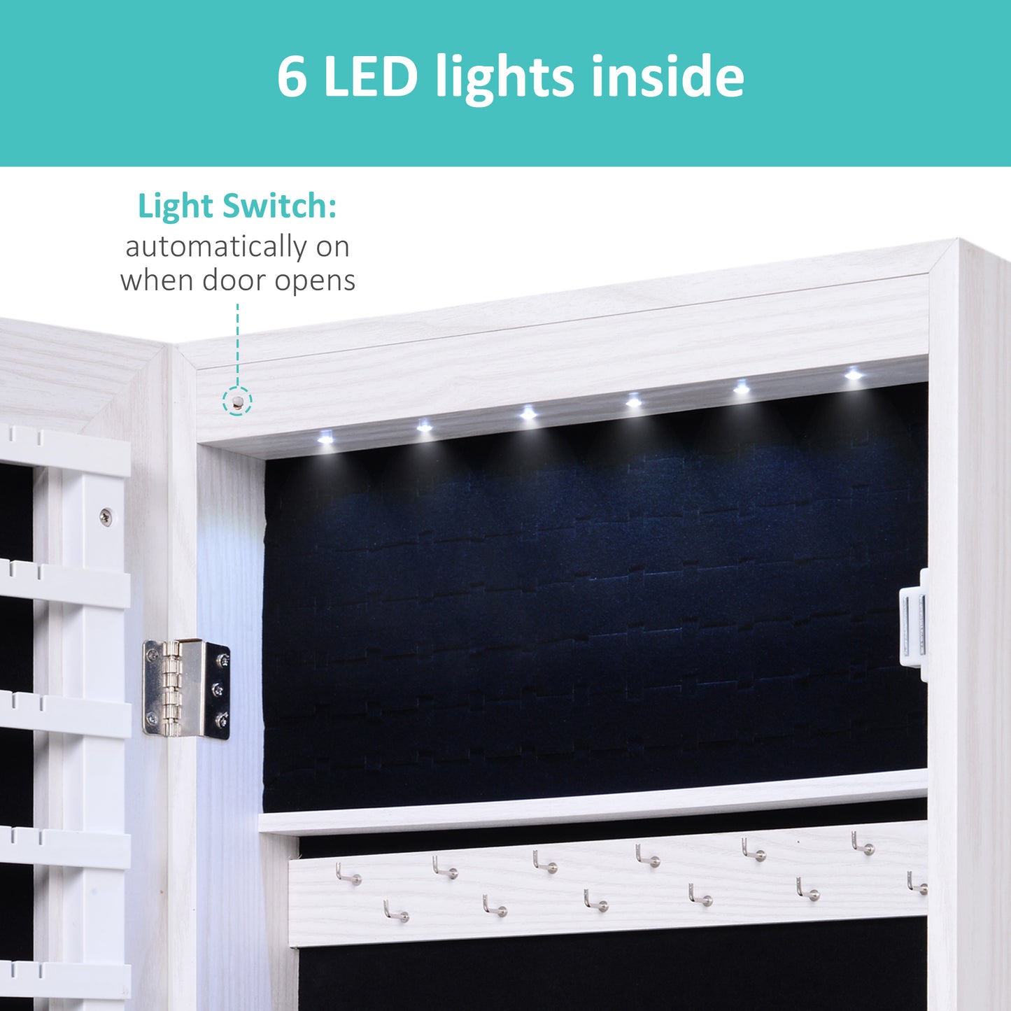 Mirror Jewelry Cabinet Armoire with LED Lights and 2 Keys, Wall Door Mounted Jewelry Organizer, Lockable Full-length Mir