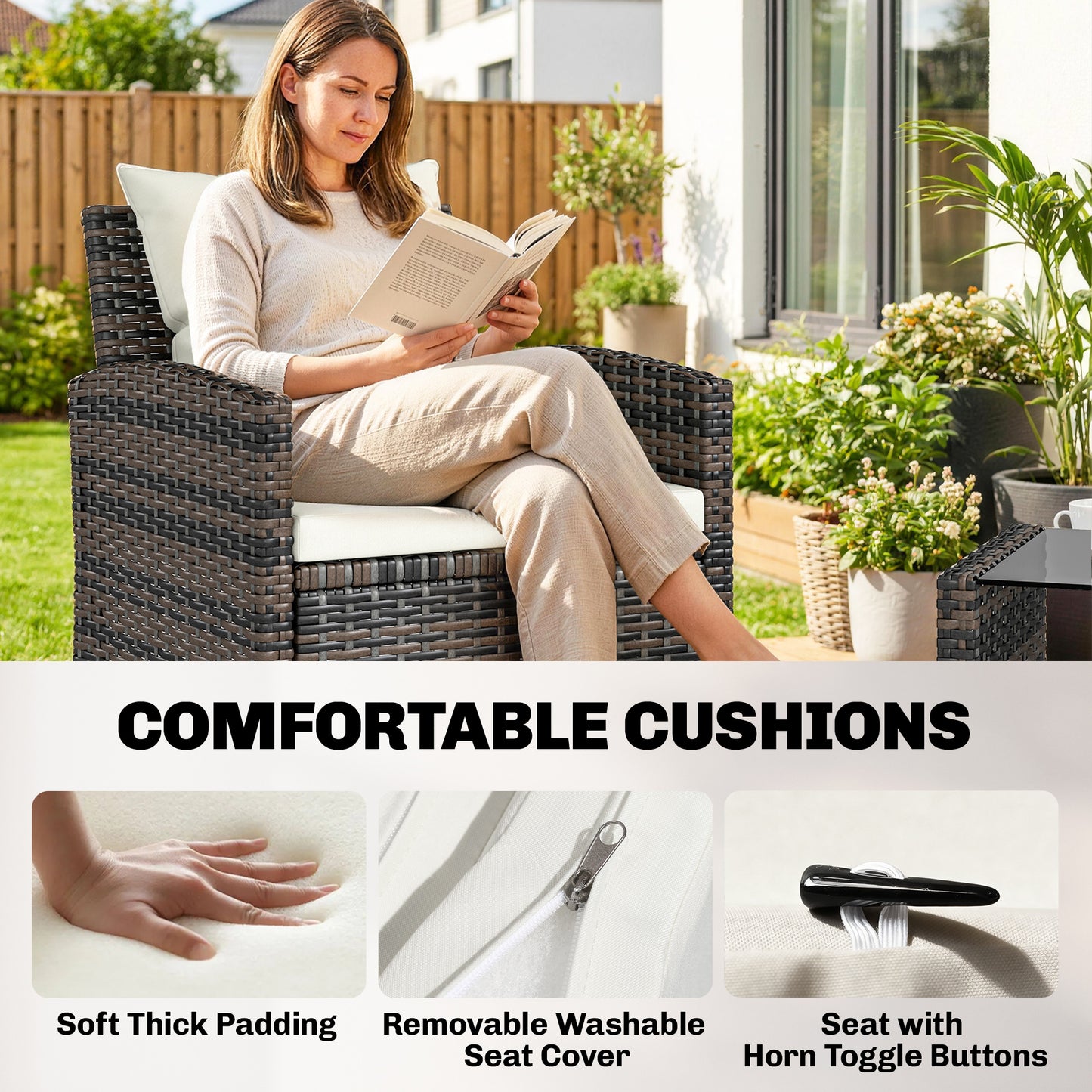 4-Piece Outdoor Wicker Patio Furniture Conversation Set, Includes Loveseat, Chairs and 2-Tier Table with Cushions, Moder
