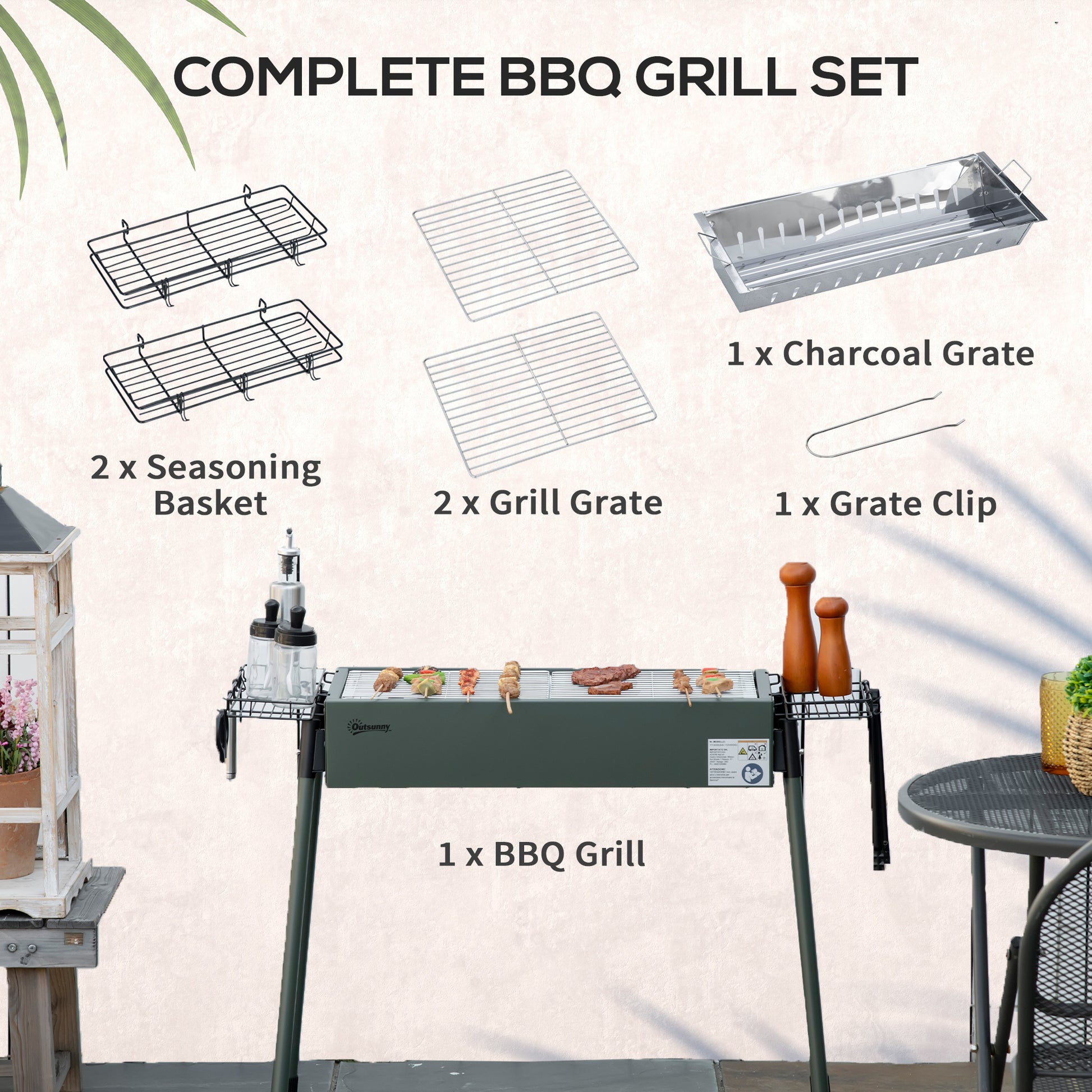 Portable BBQ Grill, Charcoal Grill with Side Seasoning Baskets, Hooks and Nets for Outdoor, Picnic, Camping, Dark Green