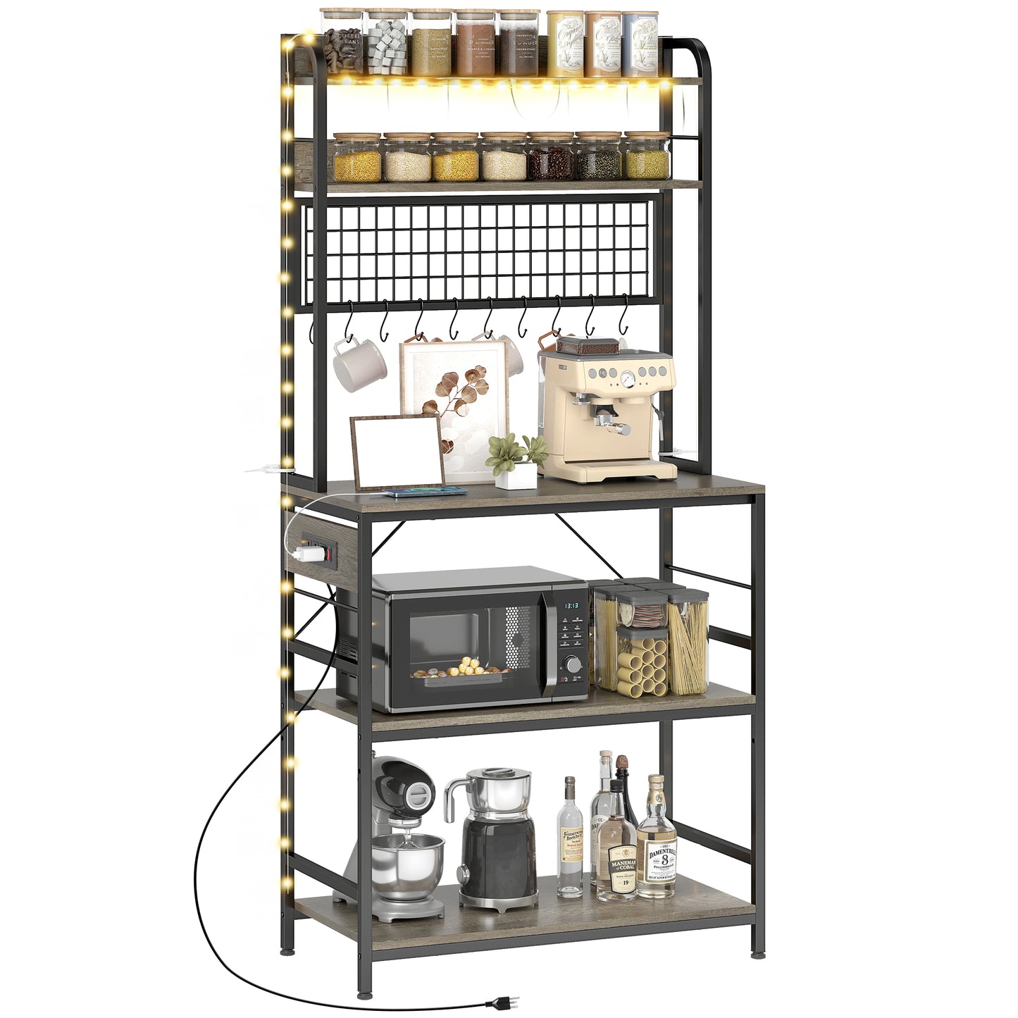 Kitchen Baker's Rack with Power Outlet and LED Light, 5-Tier Coffee Bar Station with 10 Hooks, Grey