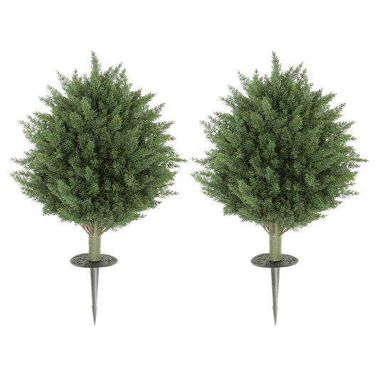 24" Artificial Cypress Trees with Ground Stake, Set of 2 Artificial Plants for Indoor & Outdoor, UV Resistant, Green