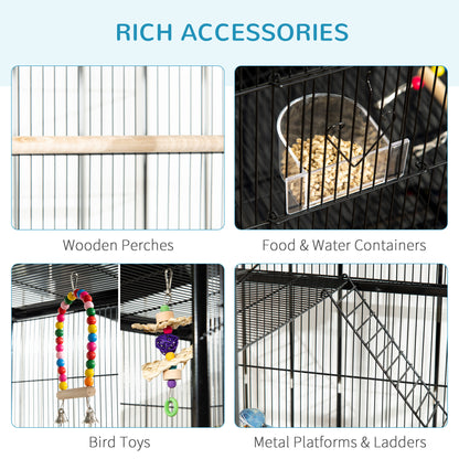 71" Bird Cage with Wheels Perches, Ramp, Storage Shelf, Toys for Canaries, Finches, Cockatiels, Parakeets, Black