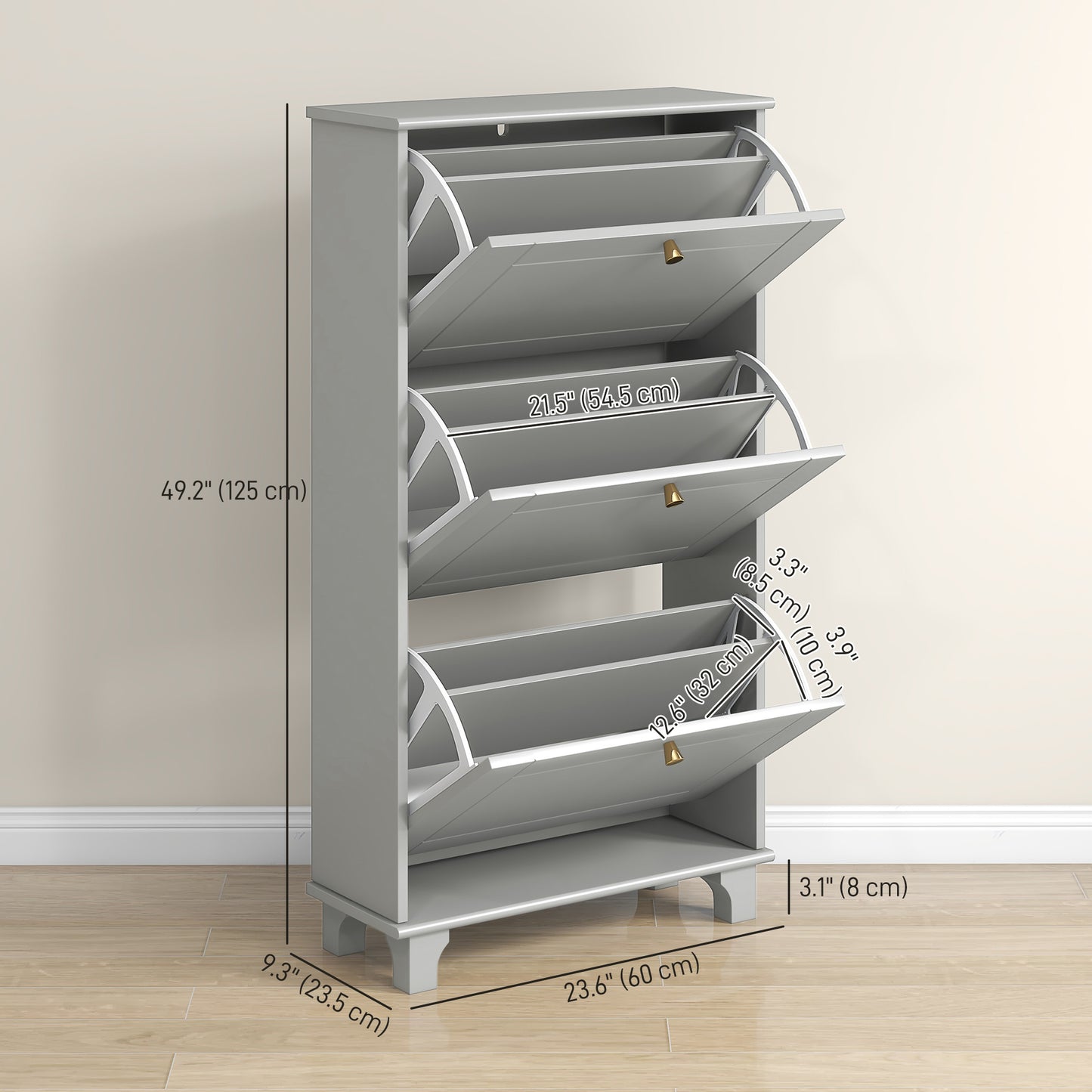 Narrow Shoe Storage with 3 Flip Drawers and Adjustable Shelves, Shoe Cabinet Organizer for 12 Pairs of Shoes, Grey