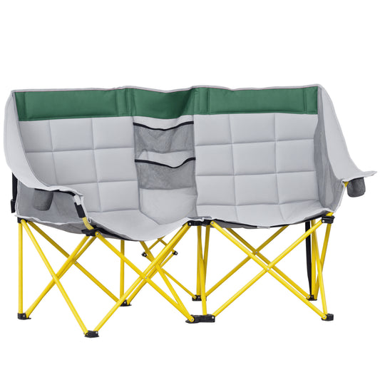 62" W Double Seat Camping Chair Folding Lawn Loveseat w/ Storage Pocket & Cup Holder Compact in a Bag for Outdoor, Beach