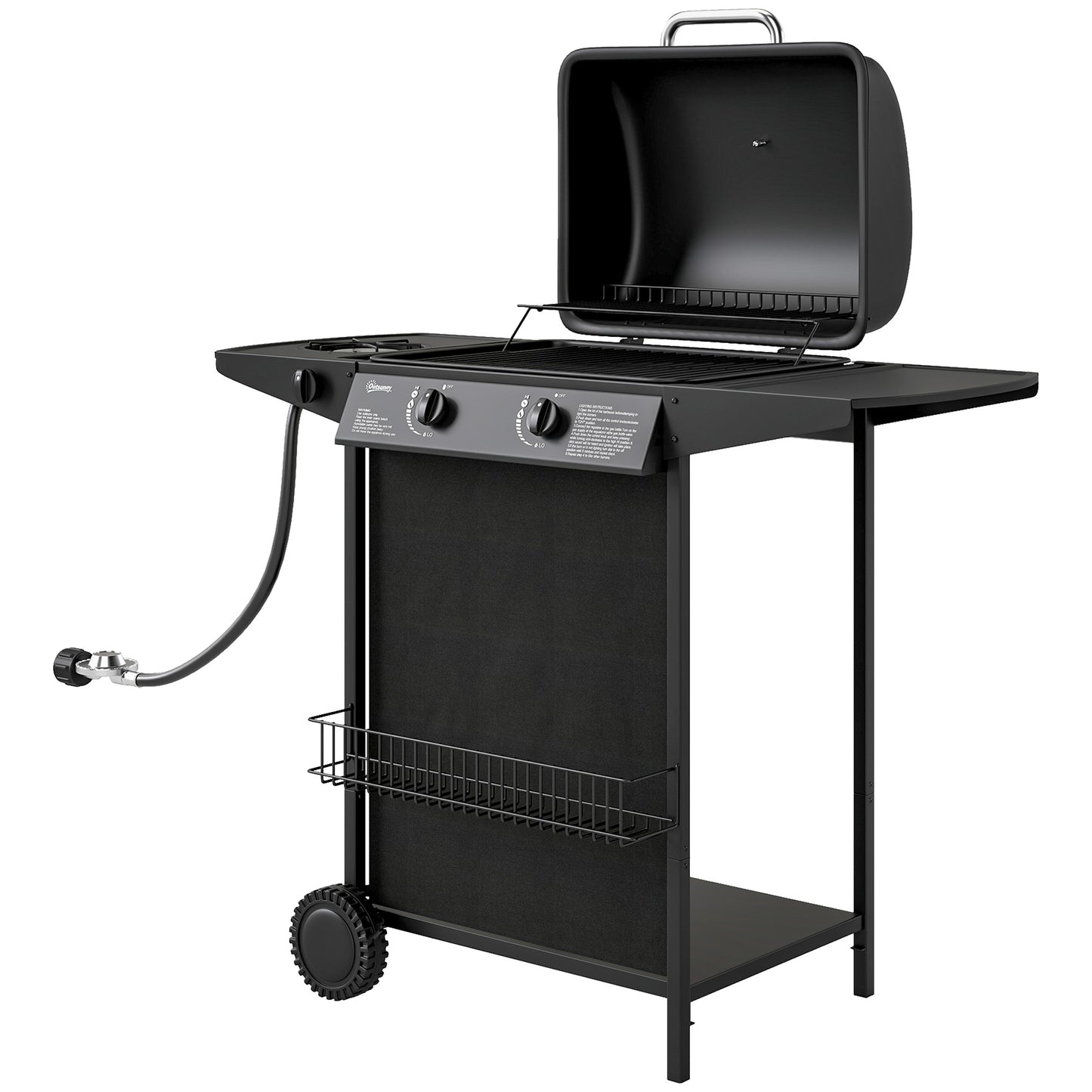 2+1 Burner Propane Gas BBQ Grill, Portable Gas Barbecue Grill with Side Burner, Thermometer, Lid, Side Table, Shelf, Spi