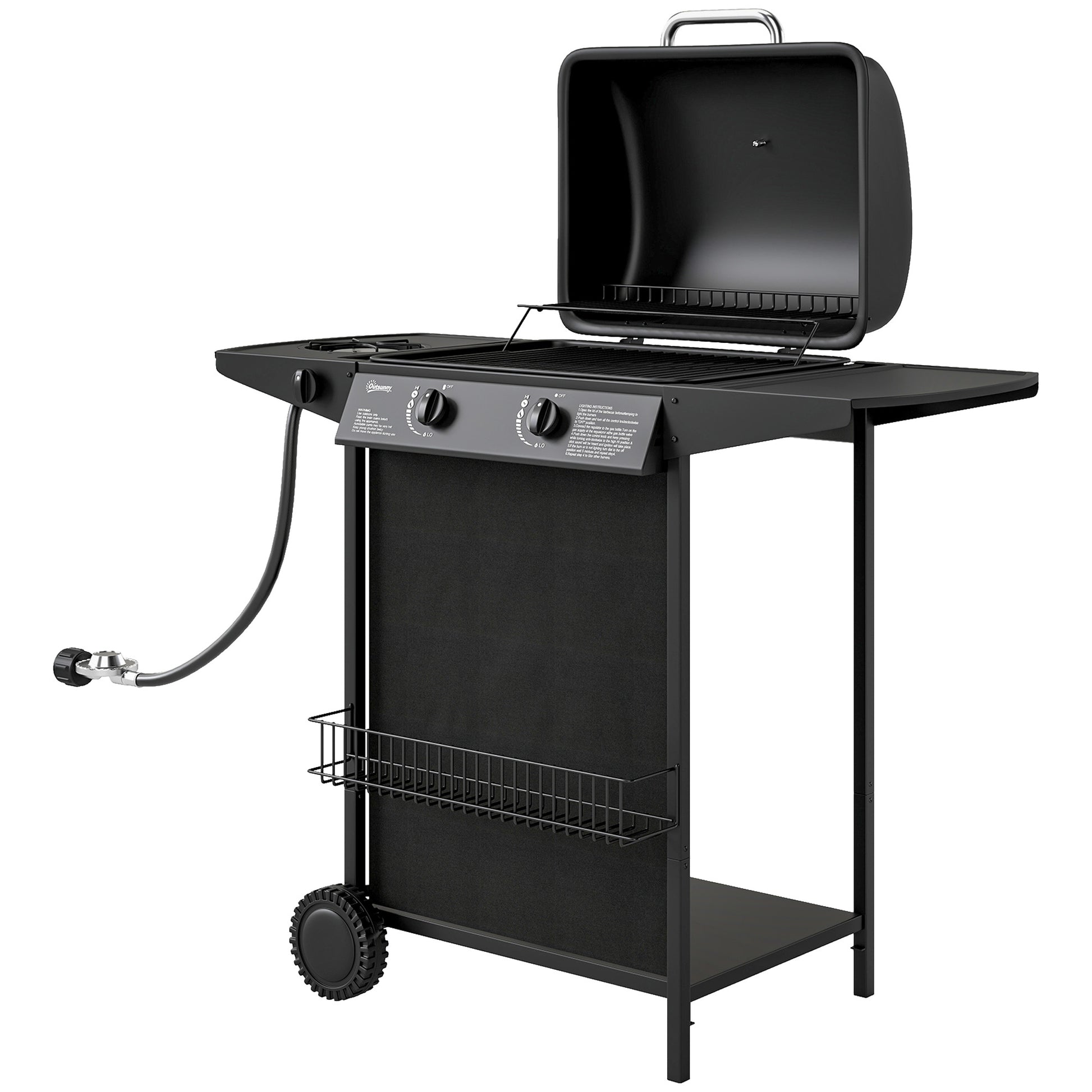2+1 Burner Propane Gas BBQ Grill, Portable Gas Barbecue Grill with Side Burner, Thermometer, Lid, Side Table, Shelf, Spi