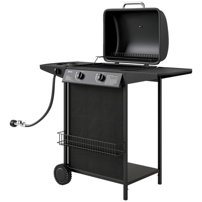 2+1 Burner Propane Gas BBQ Grill, Portable Gas Barbecue Grill with Side Burner, Thermometer, Lid, Side Table, Shelf, Spi