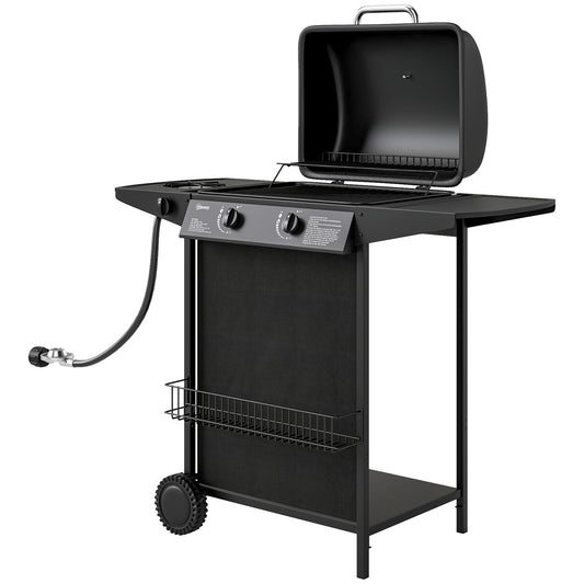 2+1 Burner Propane Gas BBQ Grill, Portable Gas Barbecue Grill with Side Burner, Thermometer, Lid, Side Table, Shelf, Spi
