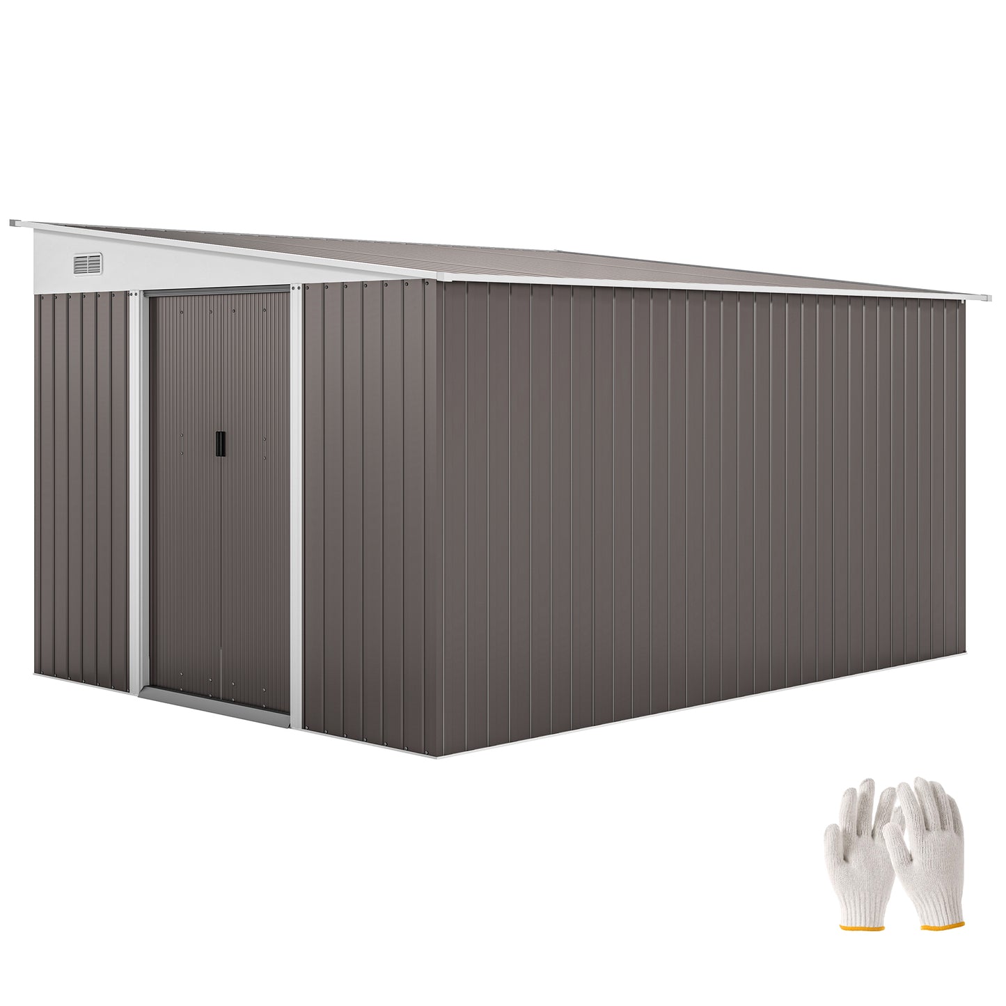 11' x 9' Steel Garden Storage Shed, Outdoor Metal Tool House with Double Sliding Doors & 2 Air Vents, Grey