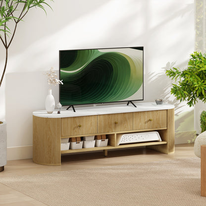 TV Stand, Modern TV Table with Marble-Effect Top, 3 Drawers and 2 Open Shelves for 32-65 Inch Television, Natural