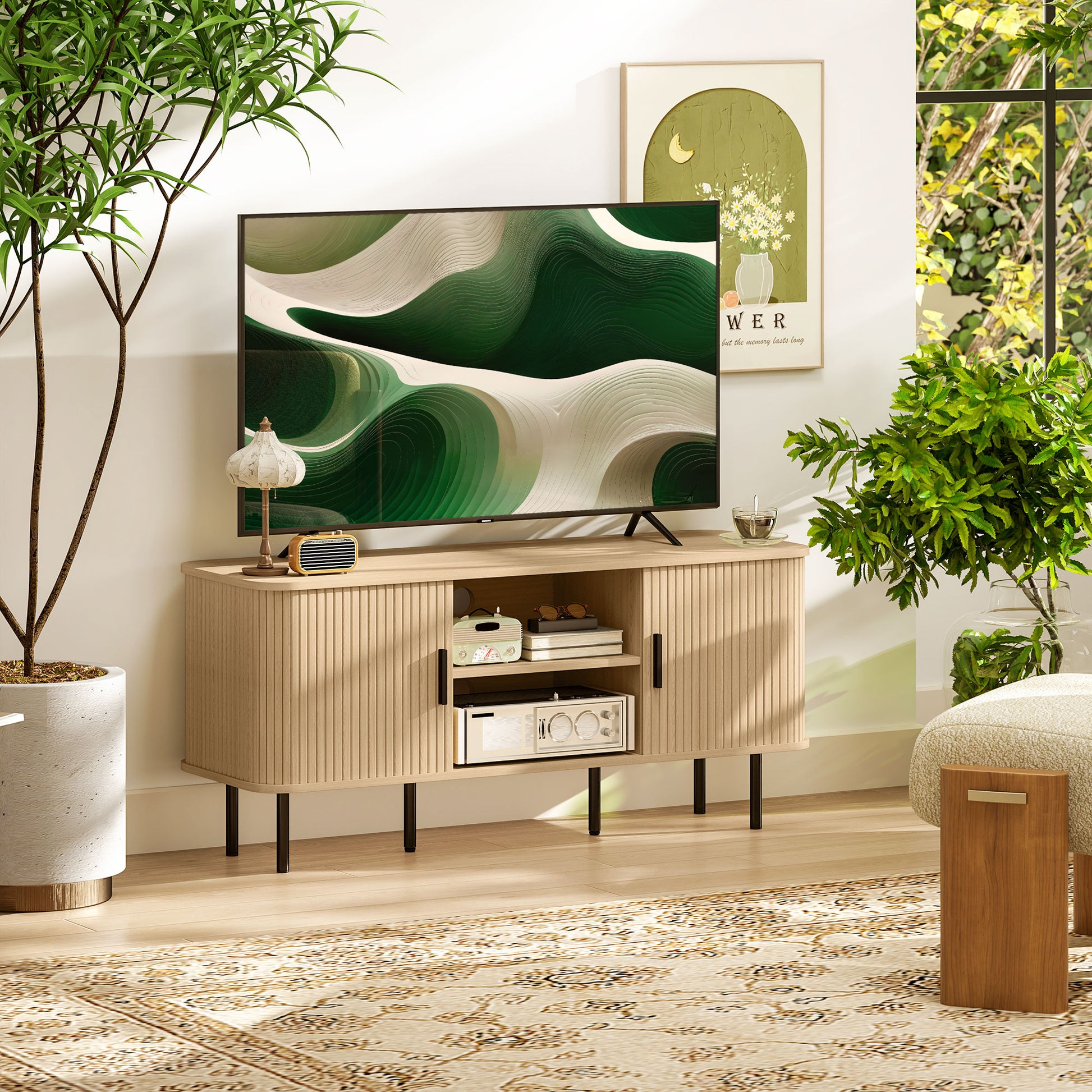 TV Stand Cabinet for TVs up to 55 Inches, TV Unit with Storage Shelves and Cabinets for Living Room, Oak Tone
