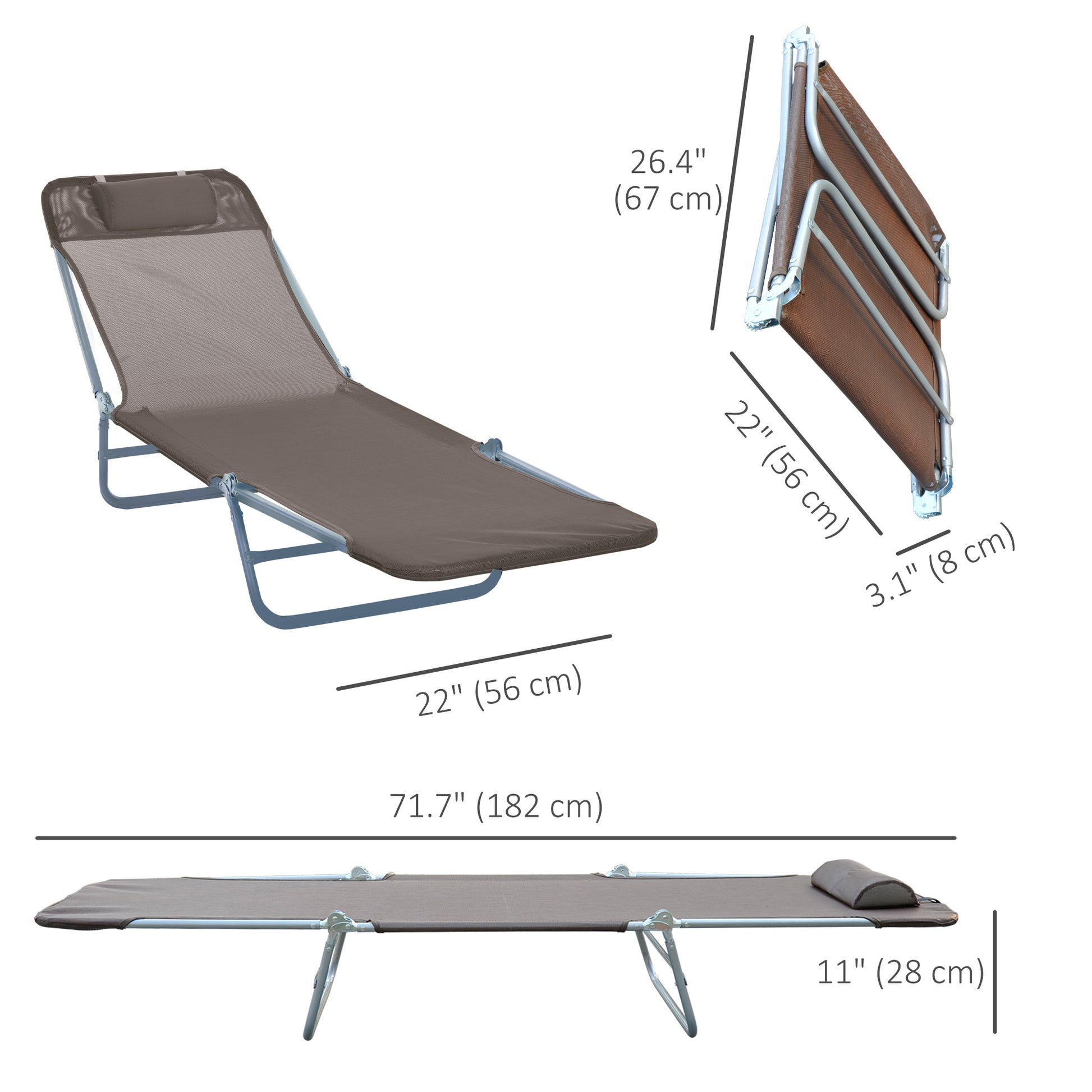 Outdoor Lounge Chair, Portable Adjustable Reclining Seat Folding Chaise Lounge Patio Camping Beach Tanning Chair Bed wit
