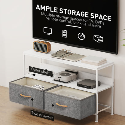 TV Stand with Charging Station, TV Table with 2 Foldable Linen Drawers and Open Shelf for 47 Inch Television, White