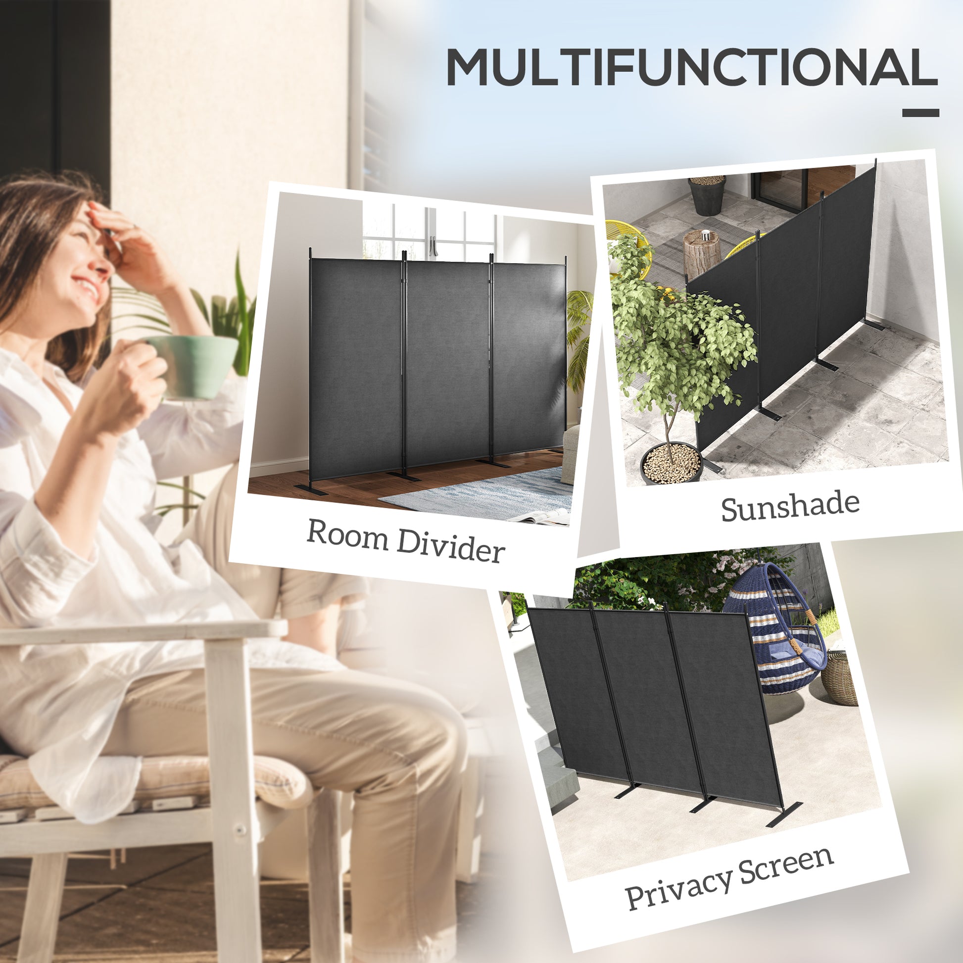 3 Panel Folding Outdoor Privacy Screen, 5.8FT Tall Room Divider with UV30+ Protection, Freestanding Privacy Panel Partit