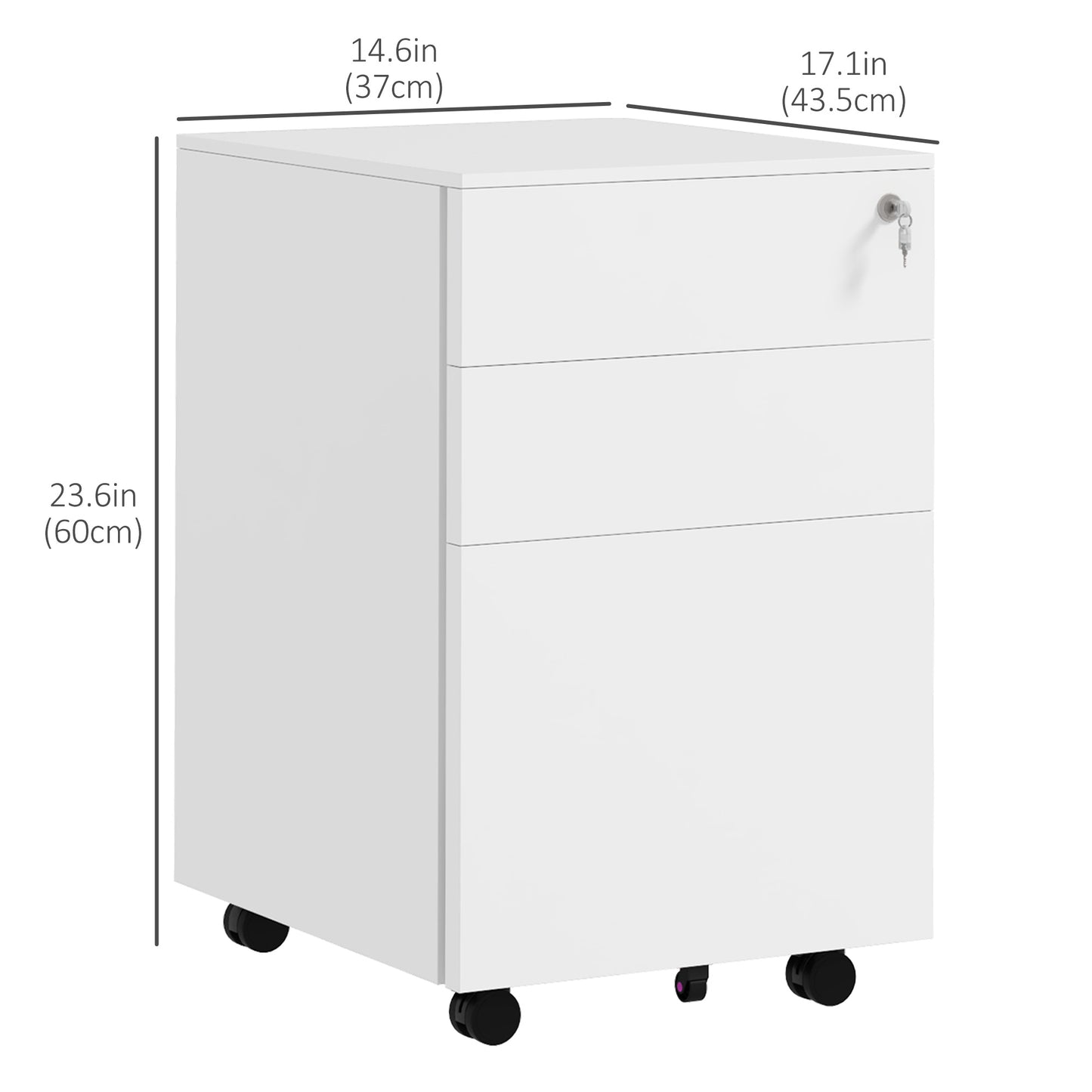 Vertical Steel Filing Cabinet on Wheels, 3-Drawer Lockable File Cabinet with Adjustable Hanging Bar for A4, Legal and Le
