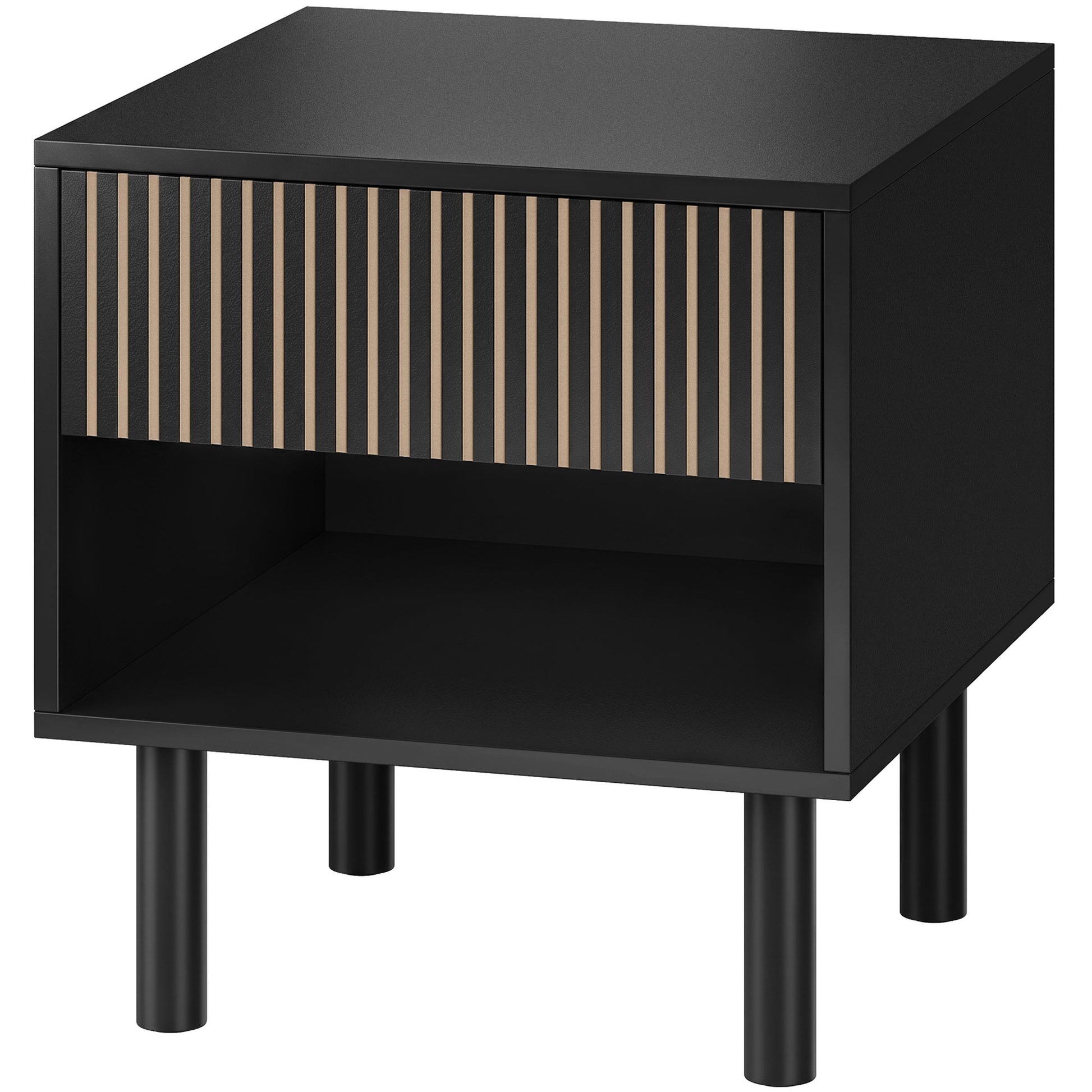 Modern Bedside Table with Drawer and Open Shelf, Sofa Side Table for Bedroom Living Room, Black