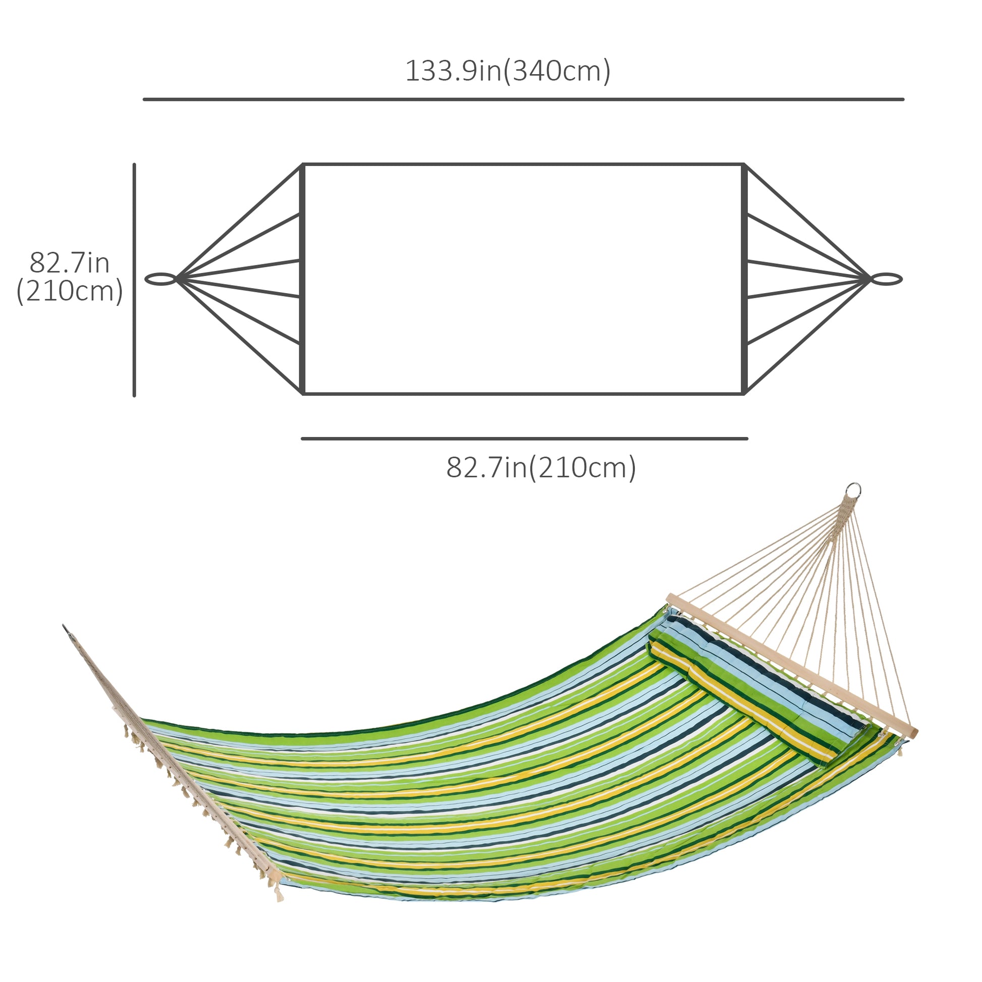 83" Patio Double Hammock, Wide Outdoor Hammock Bed Striped Fits 2 People Sunbed Camping hang Sleep w/ Pillow, White Stri