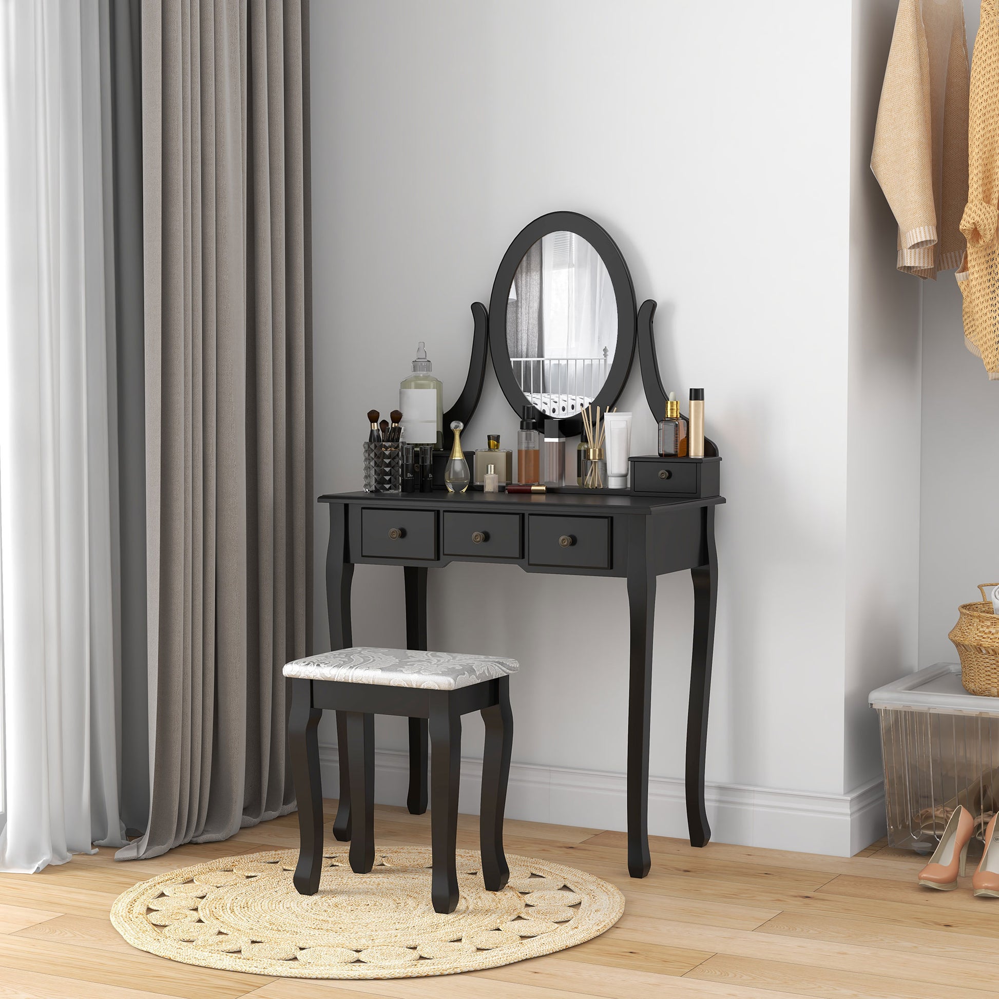 Vanity Desk with Stool, Makeup Vanity with 360° Rotating Oval Mirror, 5 Drawers and Padded Seat, Dressing Table for Bedr