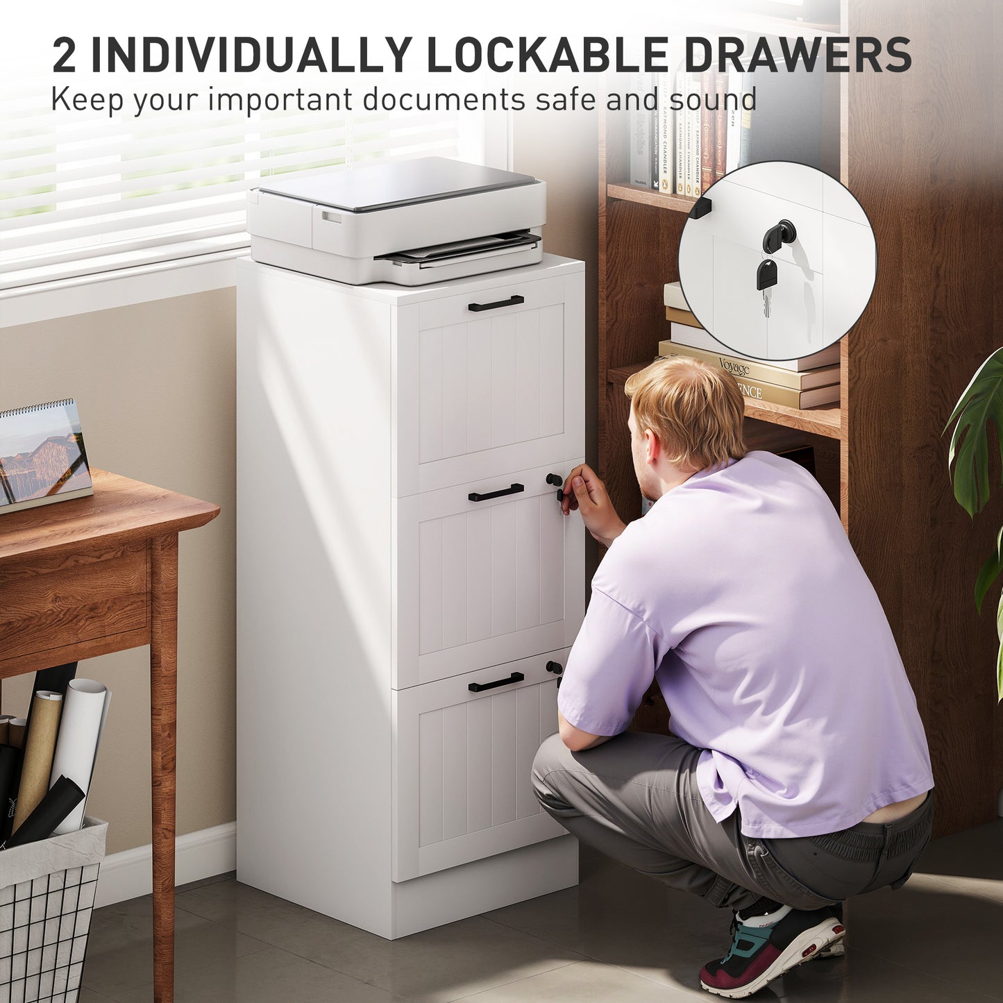 3 Drawer Filing Cabinet with Lock, Office Storage Cabinet with Adjustable Hanging Bars for A4 Letter Size Files, White