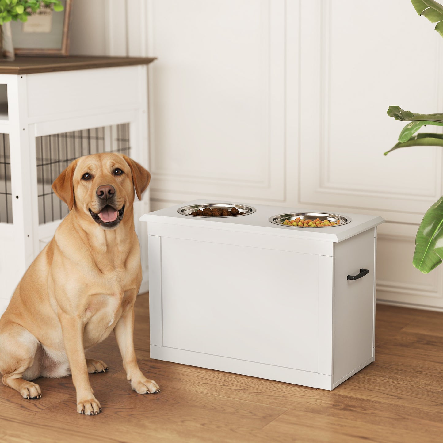Large Elevated Pet Feeder with Storage Dog Pet Diner Function 2 Stainless Steel Dog Bowls Elevated Base for Large Dogs a