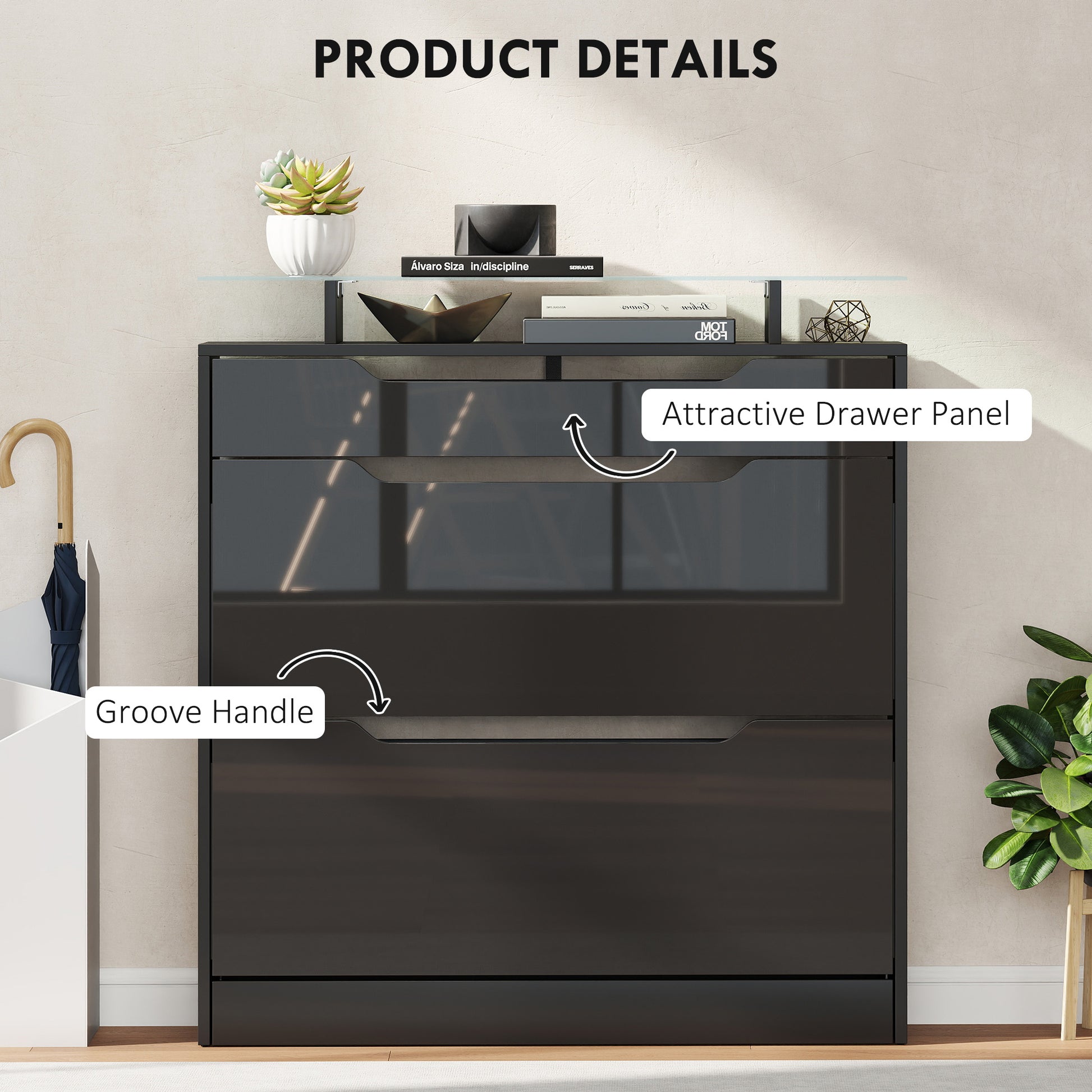 High Gloss Shoe Cabinet with 2 Flip Drawers and Adjustable Shelves, Narrow Shoe Storage Cabinet with Glass Top, Black