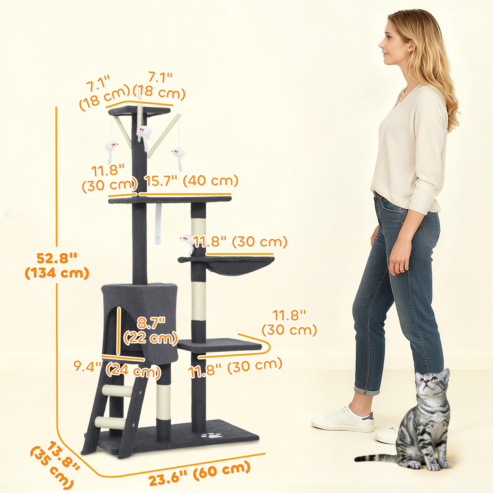 53" Cat Tree Tower, Kitten Activity Centre with Scratching Posts, Condo, Perches, Ladder, Hammock, Dangling Toys, Dark G