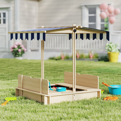 Kids Wooden Sandbox Outdoor Backyard Playset Children Play Station w/ Adjustable Canopy & Convertible Bench Sand for 3-7