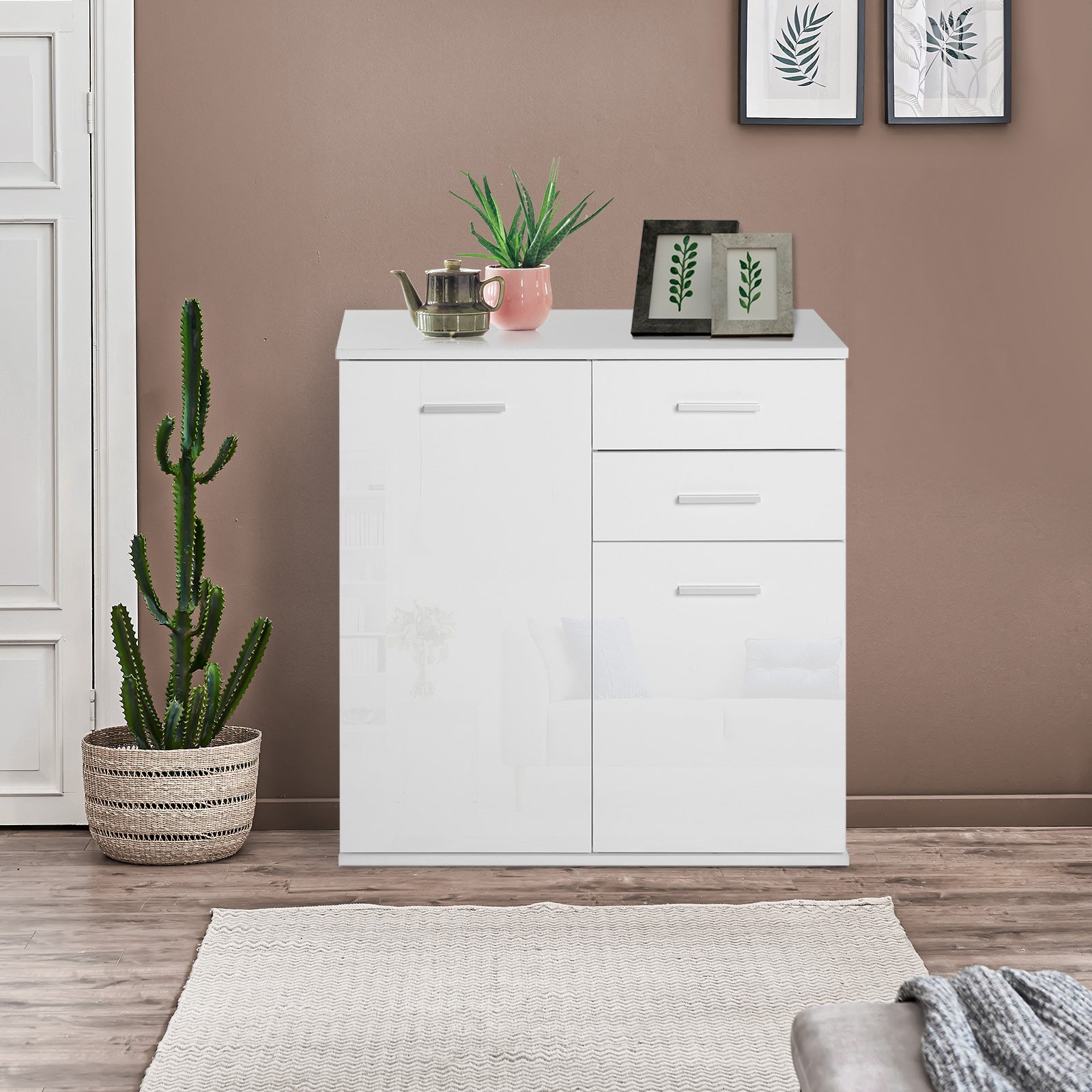 High Gloss Sideboard with 2 Drawers and 2 Doors, Buffet Cabinet with Adjustable Shelf, Coffee Bar Cabinet with Storage, 