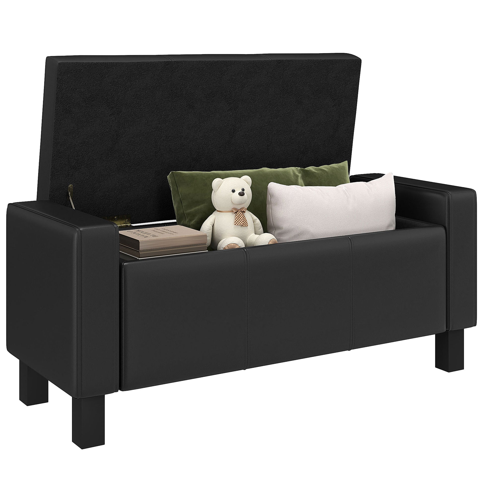 42" Deluxe Faux Leather Padded Storage Ottoman Bench Foot Stool Seat Chair with Organizer, Black