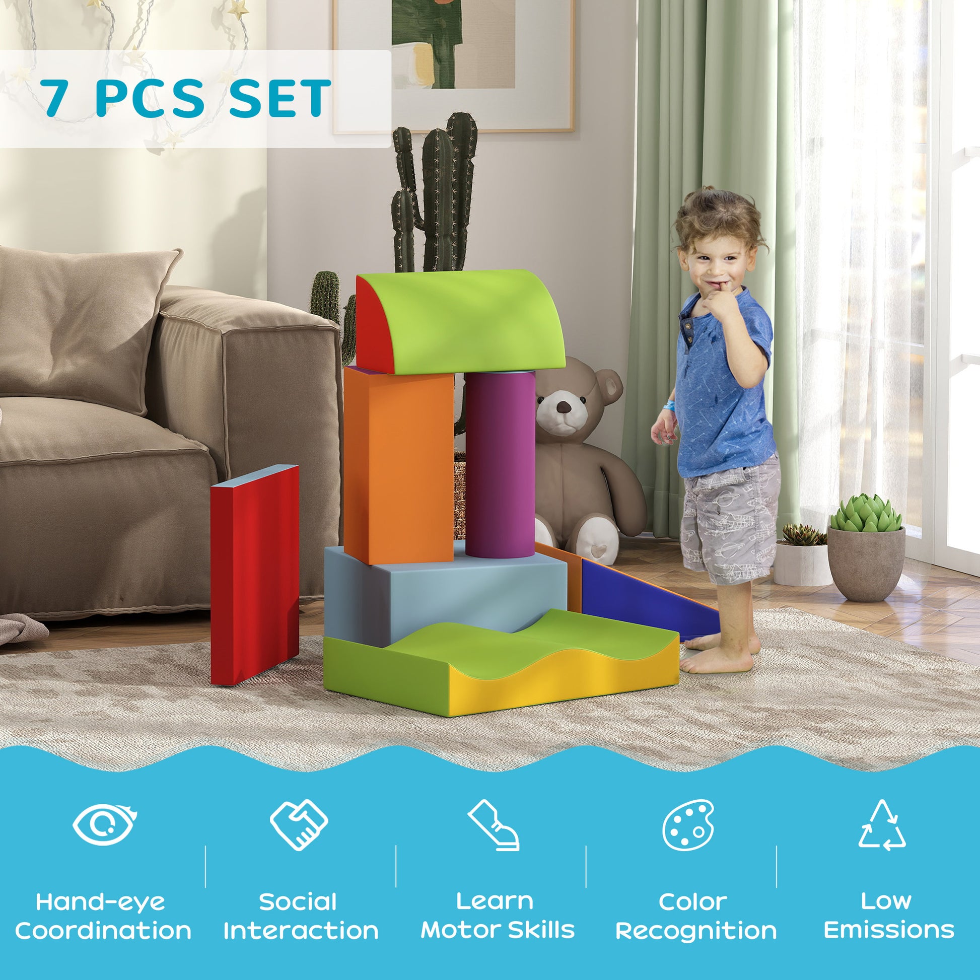 Soozier 7 Pieces Soft Play Foam Climbing Blocks, Indoor Modular Kids Play Toys for Climbing, Crawling, Sliding, Dark Col
