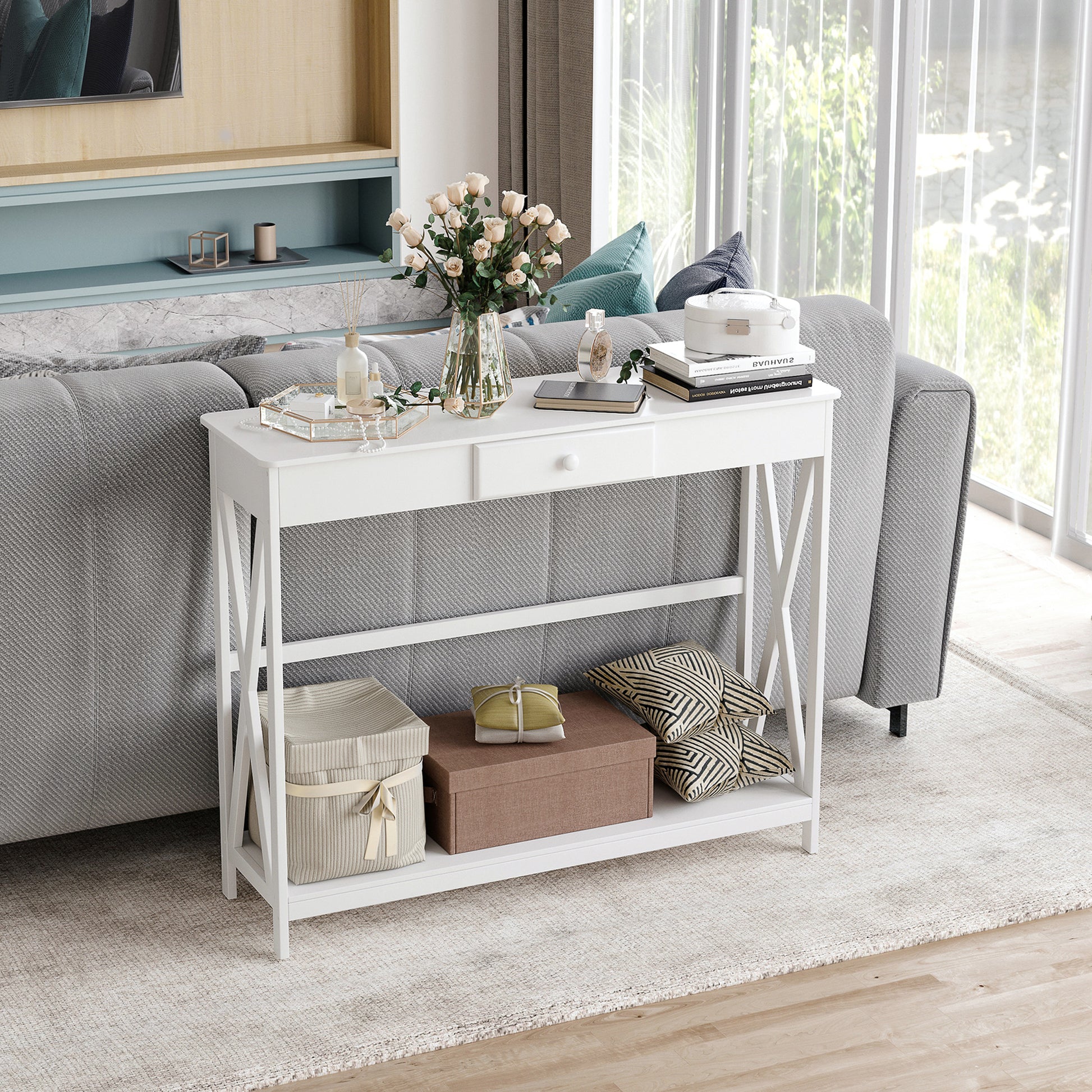 39" Console Table, 2 Tier X-Design Narrow Entryway Table with Drawer and Storage Shelf for Behind Couch, Living Room, Ha
