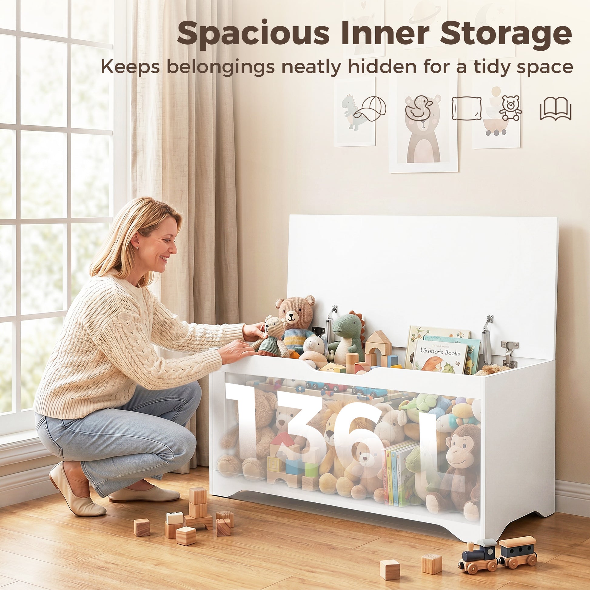 Storage Bench with Lift Top Storage Chest with Safety Hinges for Entryway, Living Room, White