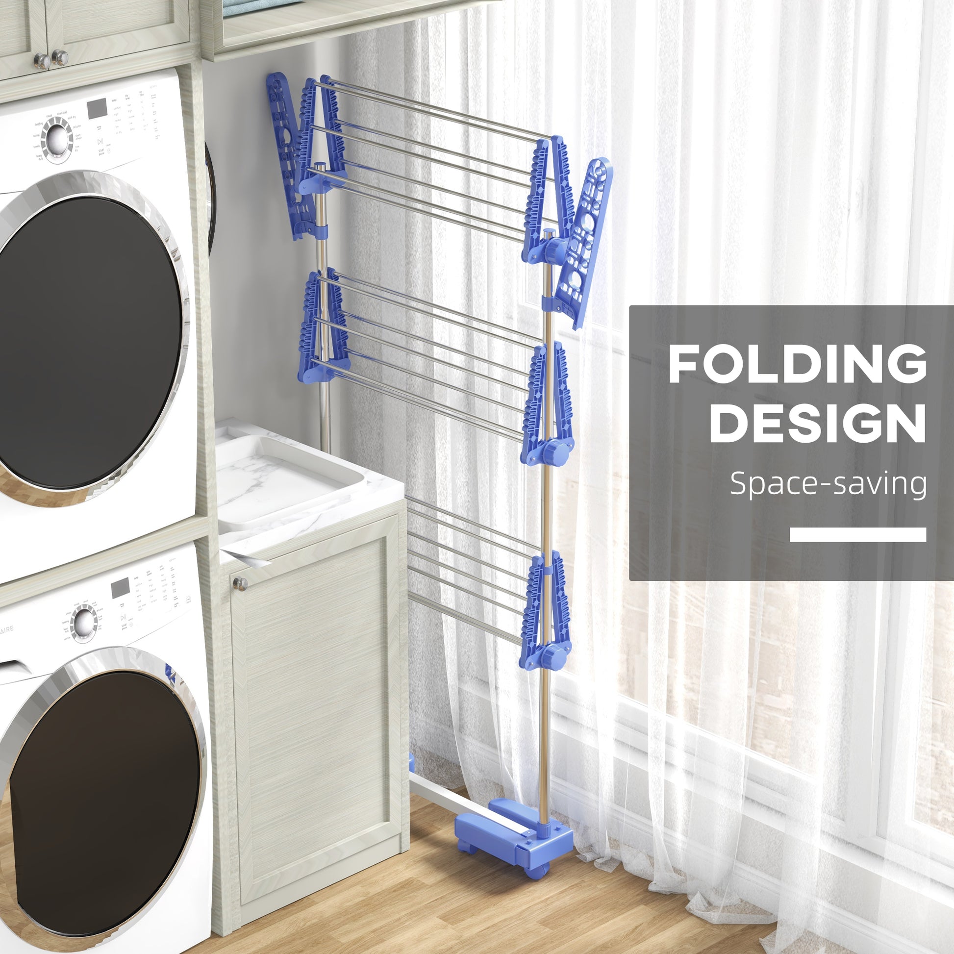 3-Tier Foldable Clothes Drying Rack, Stainless Steel Laundry Rack with 2 Side Wings and 6 Castors, Collapsible Adjustabl