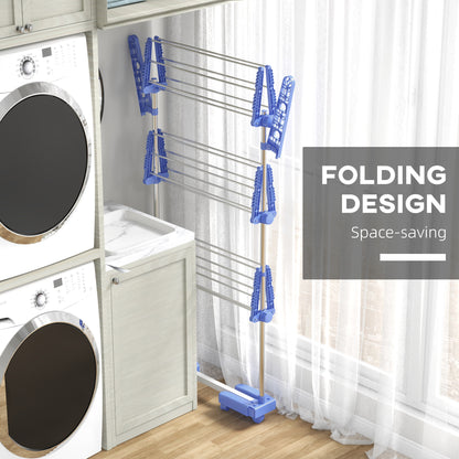 3-Tier Foldable Clothes Drying Rack, Stainless Steel Laundry Rack with 2 Side Wings and 6 Castors, Collapsible Adjustabl