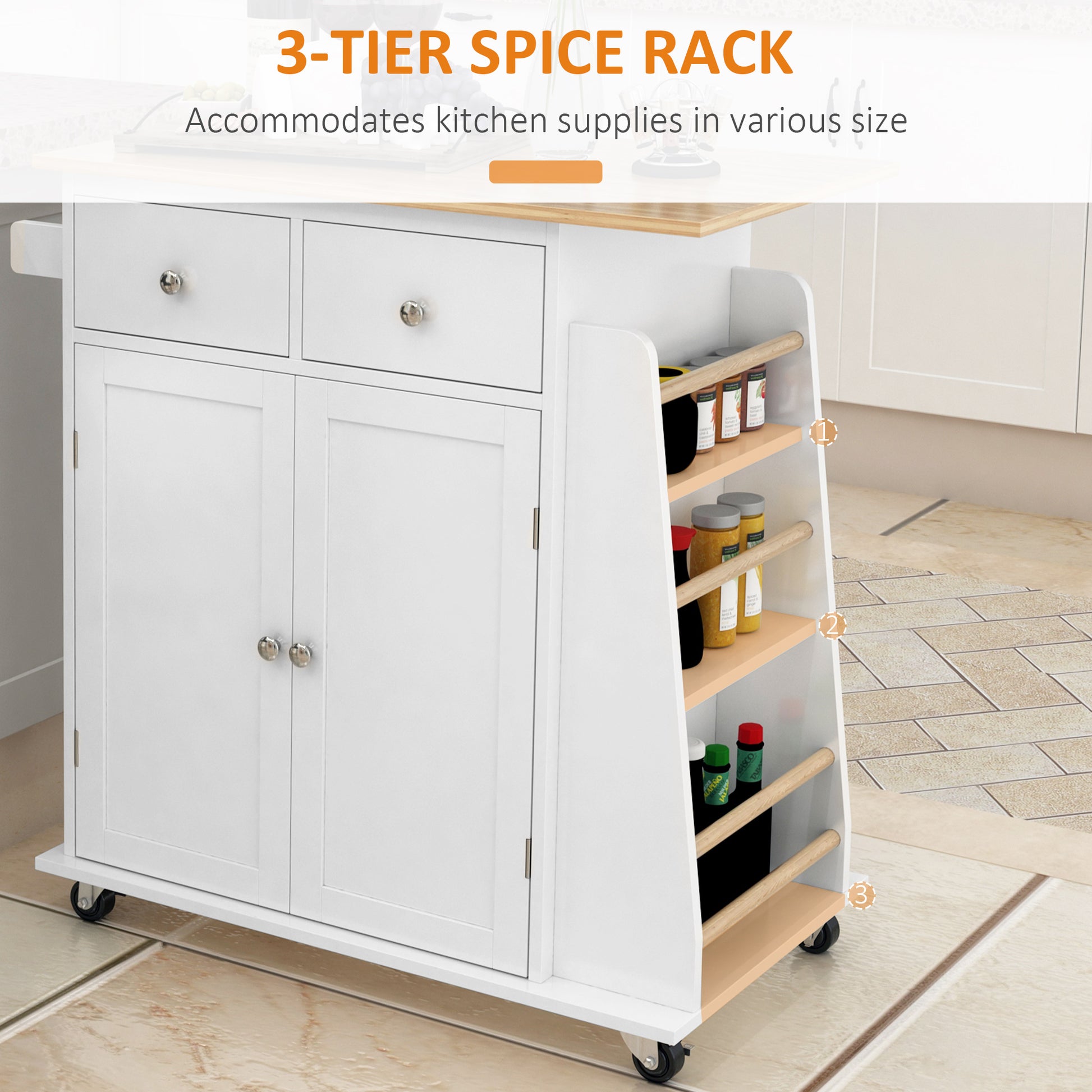 Rolling Kitchen Island Trolley Storage Cart with Rubber Wood Top, 3-Tier Spice Rack, Towel Rack Home Kitchen Carts, Whit