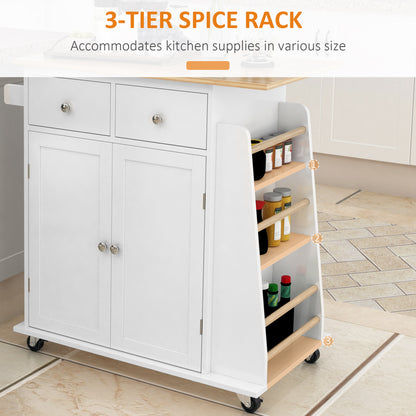Rolling Kitchen Island Trolley Storage Cart with Rubber Wood Top, 3-Tier Spice Rack, Towel Rack Home Kitchen Carts, Whit