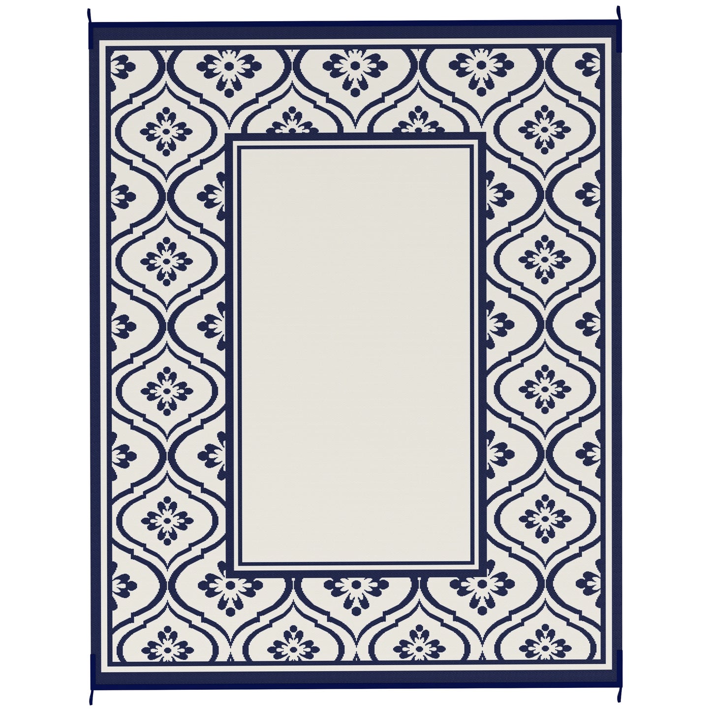 8' x 10' Outdoor RV Rug, Reversible Patio Floor Mat with Carry Bag, Gourd Border, Blue and White
