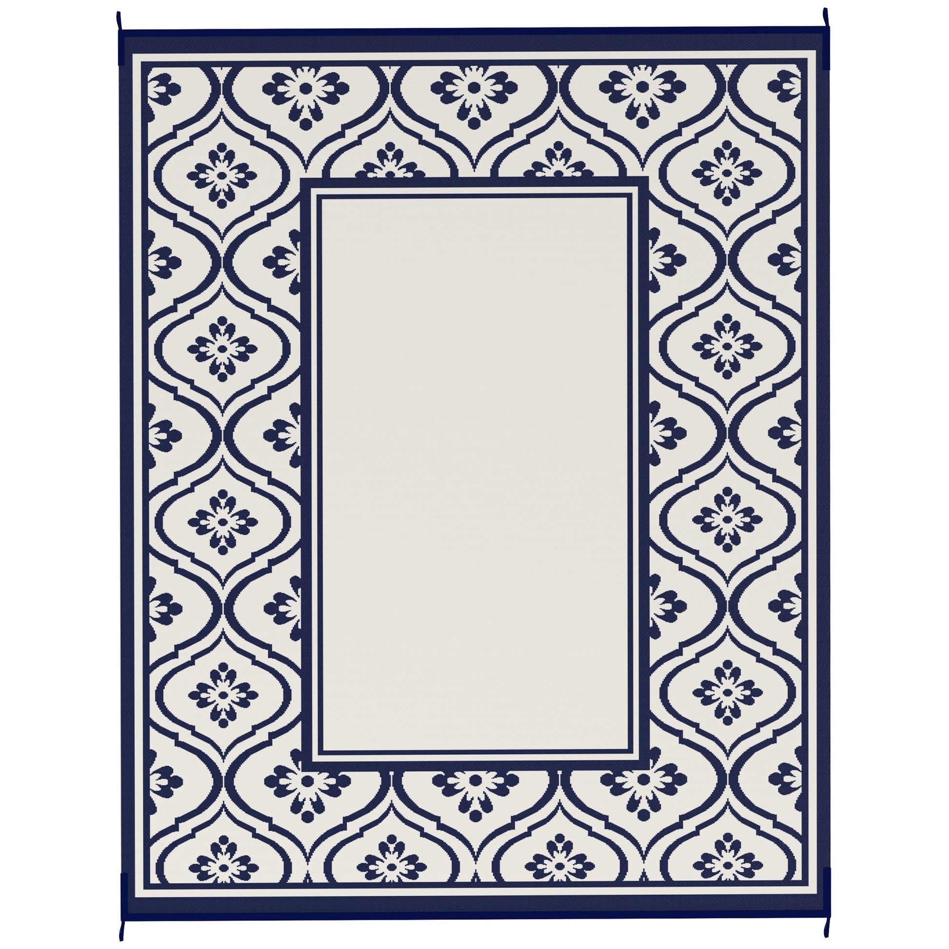 8' x 10' Outdoor RV Rug, Reversible Patio Floor Mat with Carry Bag, Gourd Border, Blue and White