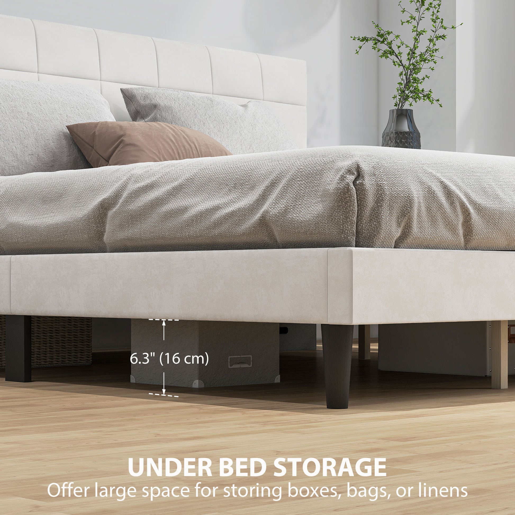King Size Bed Frame with Upholstered Headboard, Modern Platform Bed Frame with Wood Slats, 1100 lbs Capacity, Cream